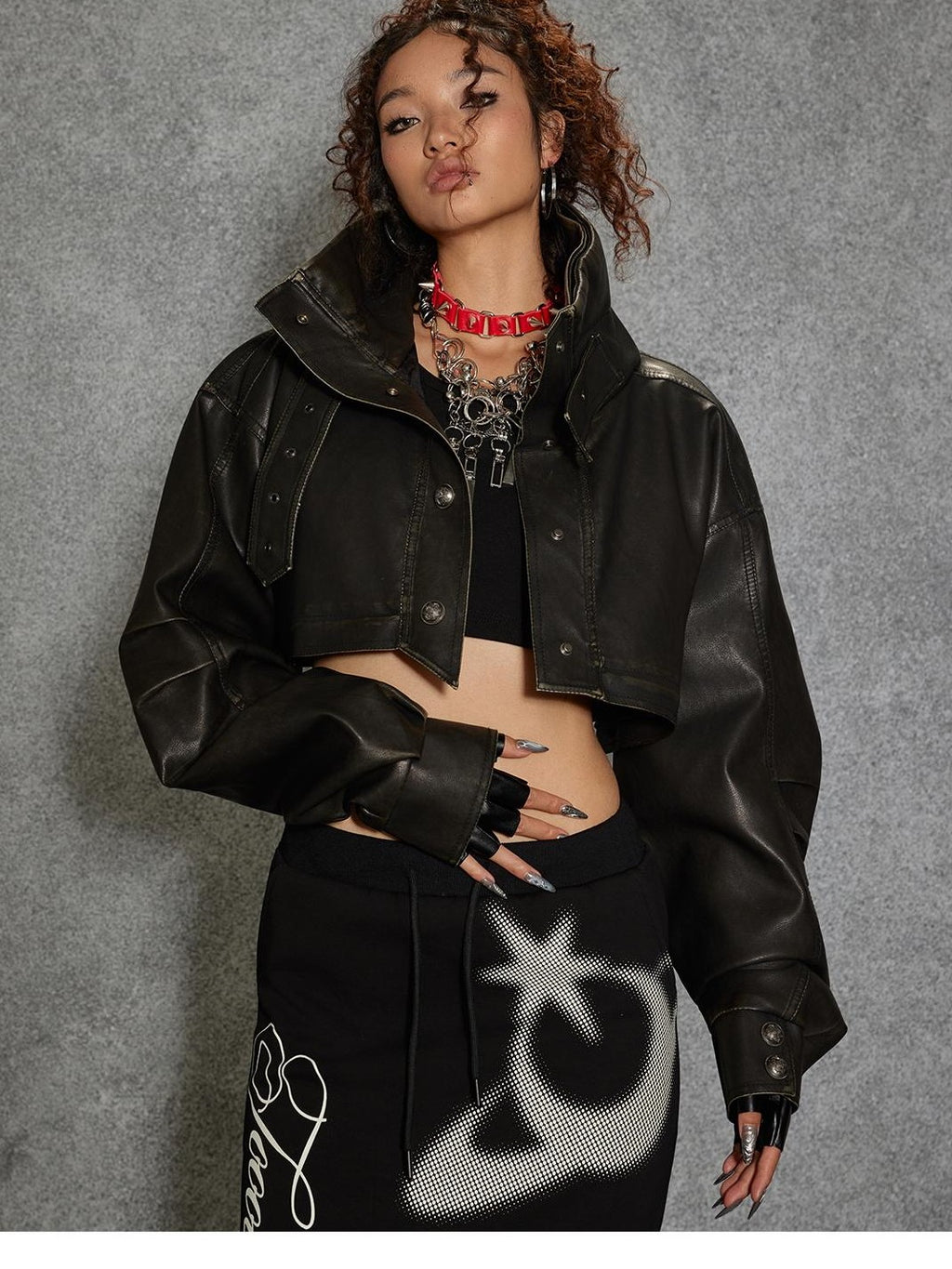 TOOOLAZY Midlength Stand Collar Single Row Buttons Relaxed Fit Women's Leather Jackets