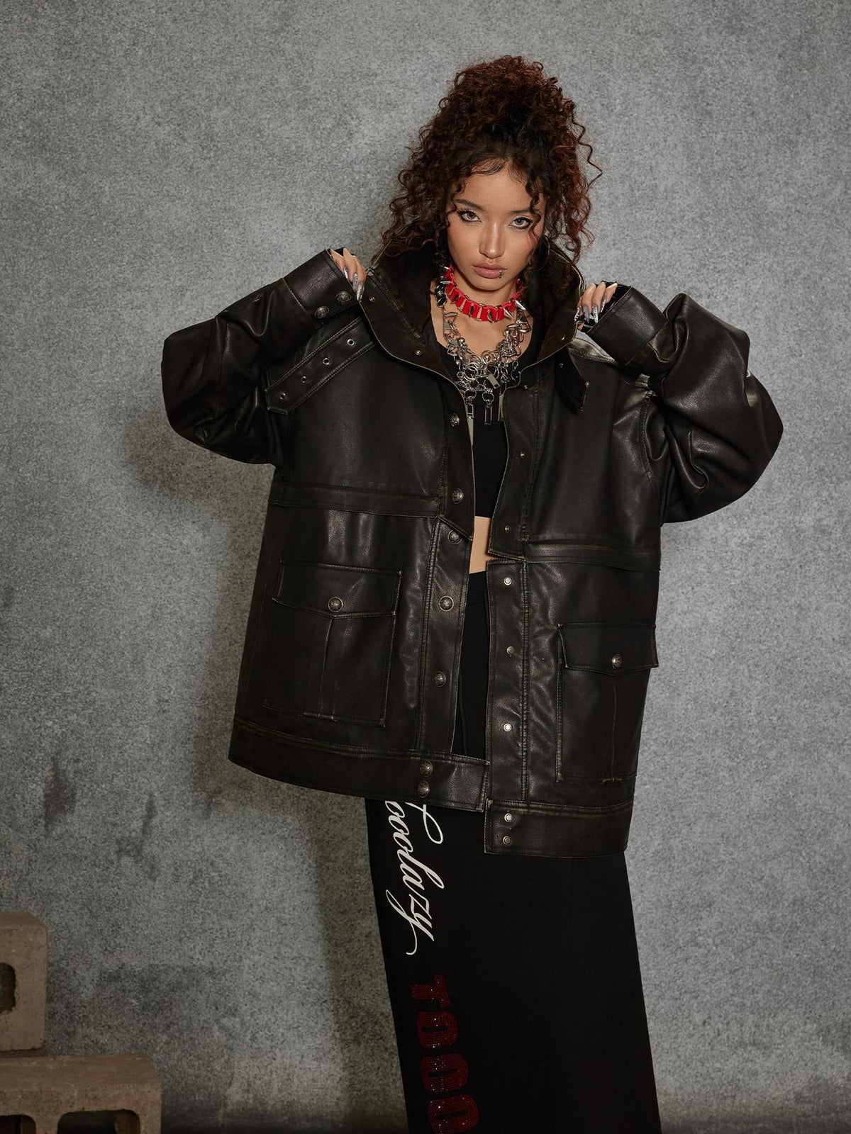 TOOOLAZY Midlength Stand Collar Single Row Buttons Relaxed Fit Women's Leather Jackets