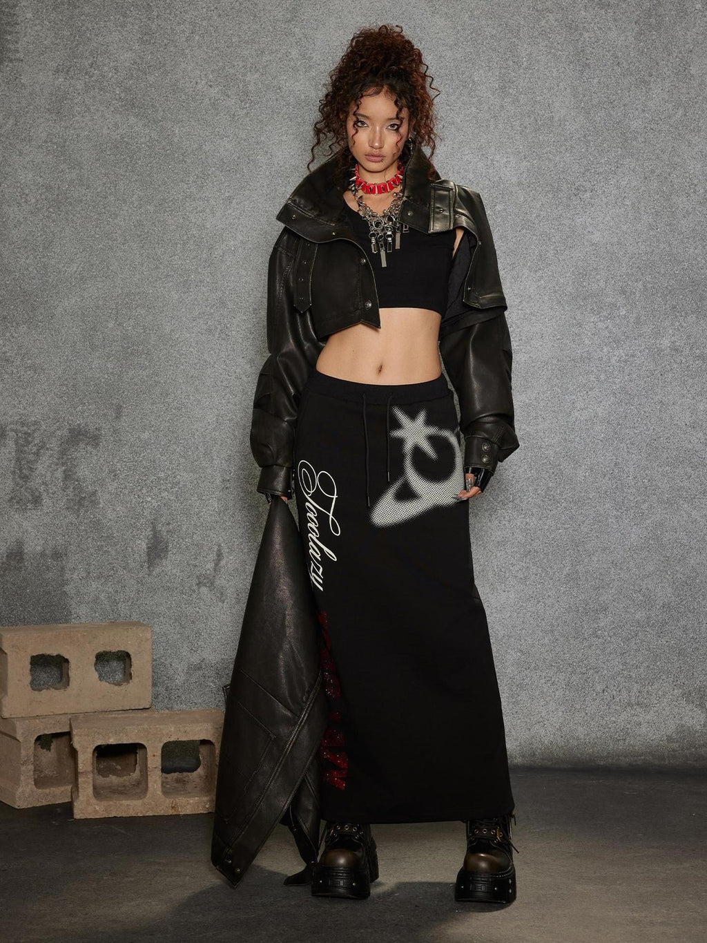 TOOOLAZY Midlength Stand Collar Single Row Buttons Relaxed Fit Women's Leather Jackets