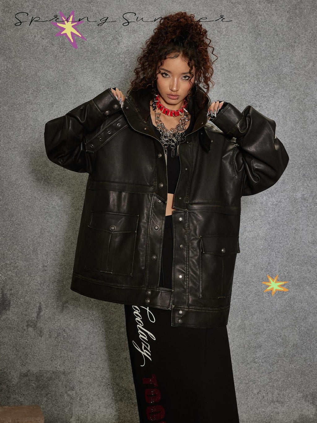 TOOOLAZY Midlength Stand Collar Single Row Buttons Relaxed Fit Women's Leather Jackets