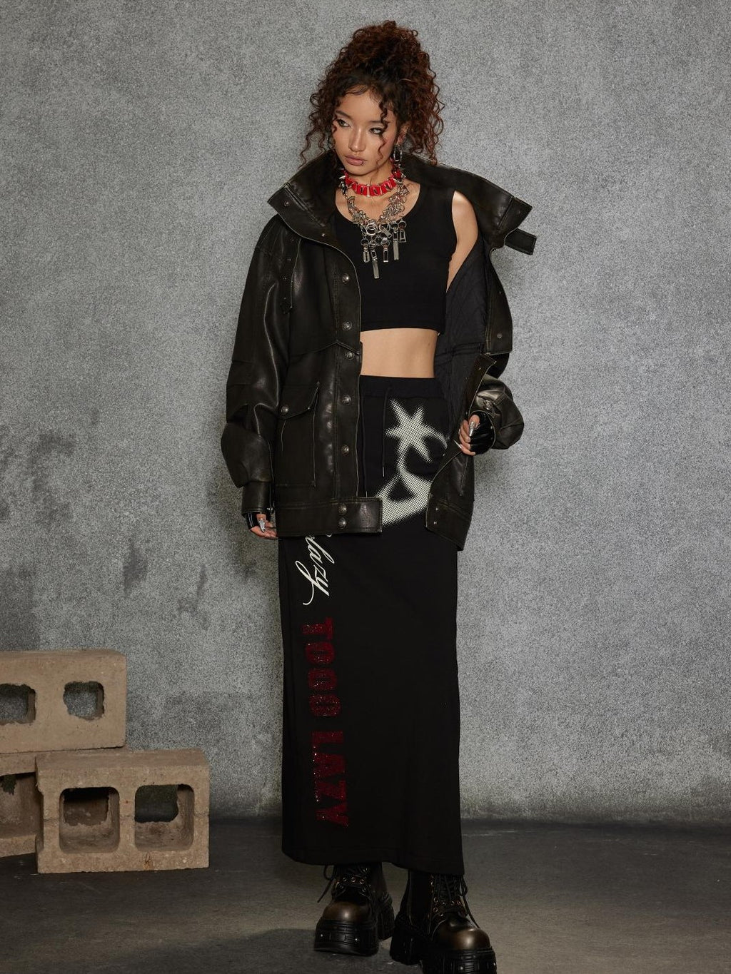 TOOOLAZY Midlength Stand Collar Single Row Buttons Relaxed Fit Women's Leather Jackets