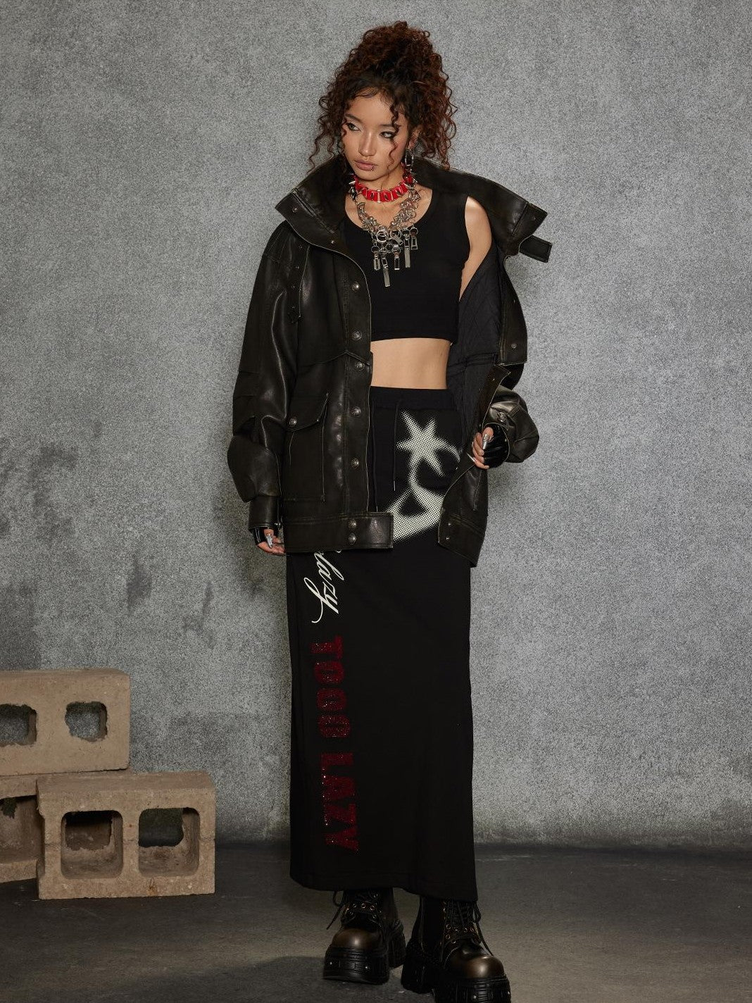 TOOOLAZY Midlength Stand Collar Single Row Buttons Relaxed Fit Women's Leather Jackets