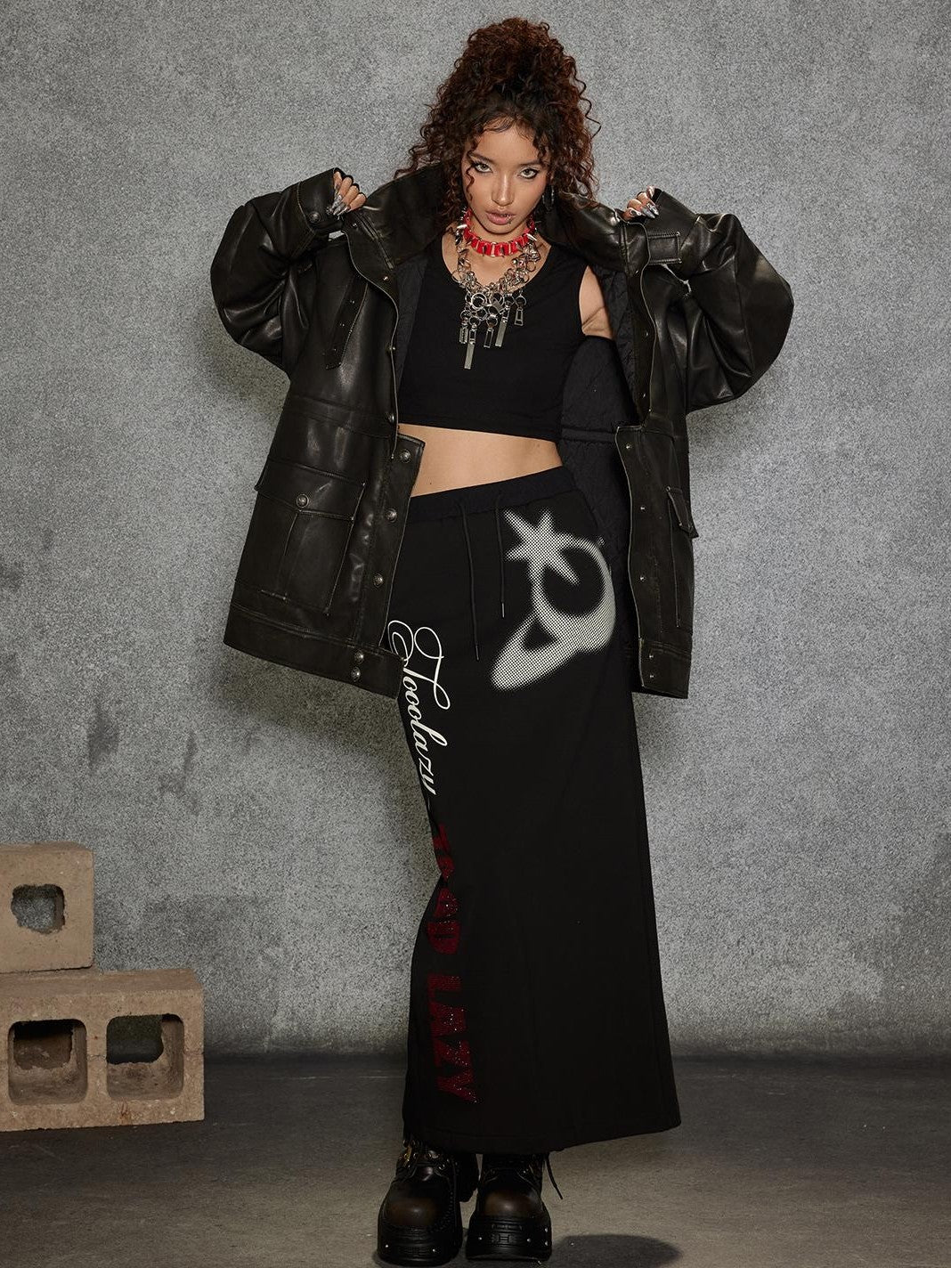 TOOOLAZY Midlength Stand Collar Single Row Buttons Relaxed Fit Women's Leather Jackets