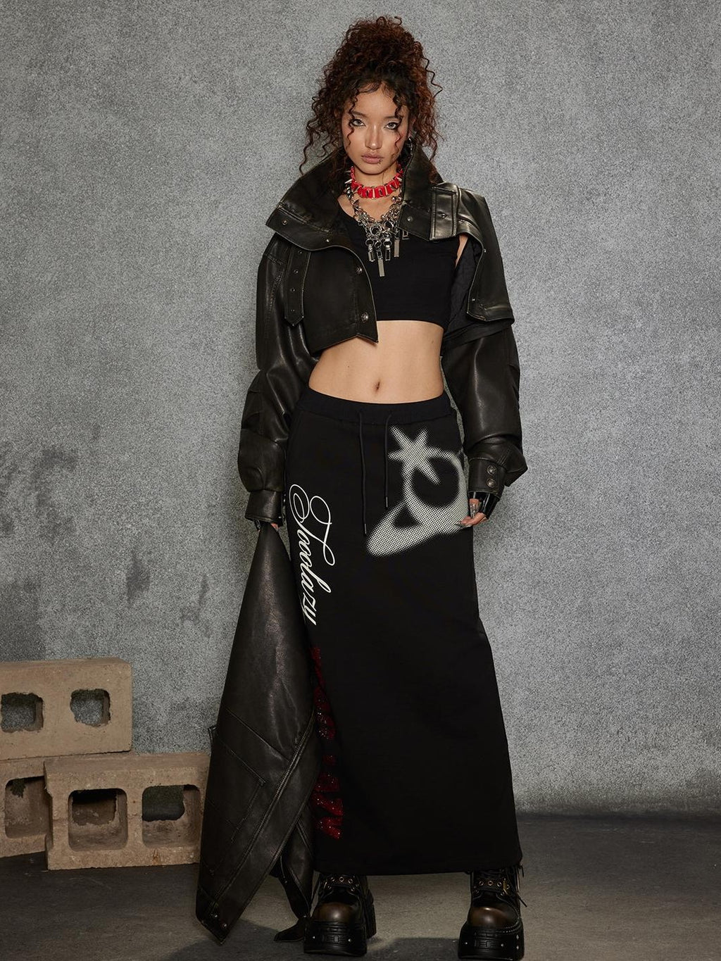 TOOOLAZY Midlength Stand Collar Single Row Buttons Relaxed Fit Women's Leather Jackets