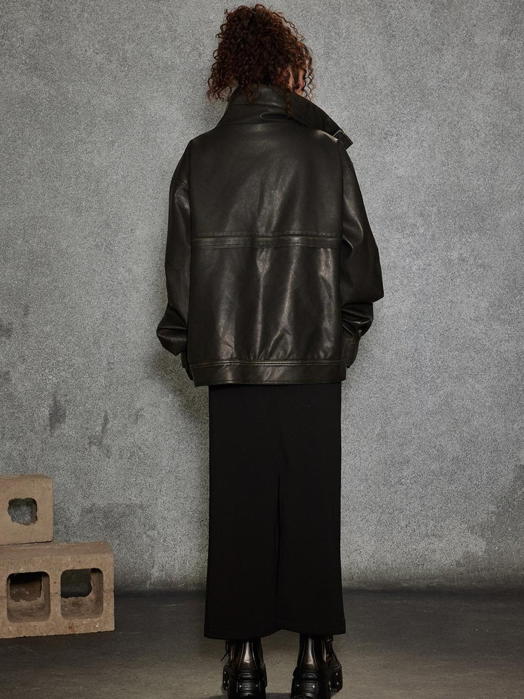 TOOOLAZY Midlength Stand Collar Single Row Buttons Relaxed Fit Women's Leather Jackets