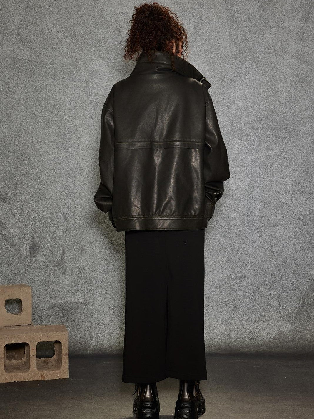 TOOOLAZY Midlength Stand Collar Single Row Buttons Relaxed Fit Women's Leather Jackets
