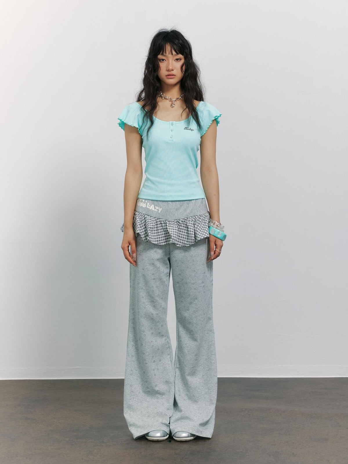 TOOOLAZY Mint Green Ruffle Square Neck Button Front Women's Cotton Slim T-shirts