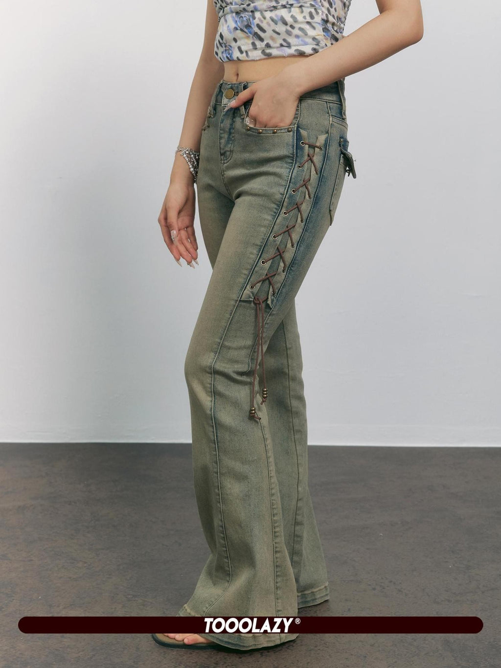 TOOOLAZY Ochre Vintage Washed Distressed Side Tie Women's Cotton Micro Bootcut Pants