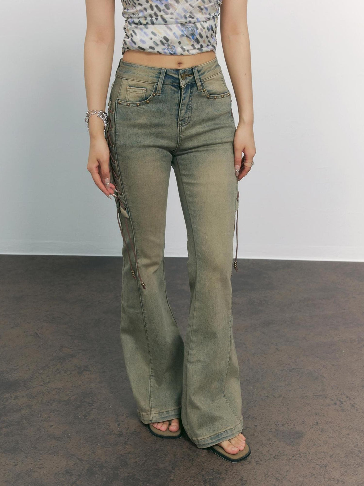 TOOOLAZY Ochre Vintage Washed Distressed Side Tie Women's Cotton Micro Bootcut Pants