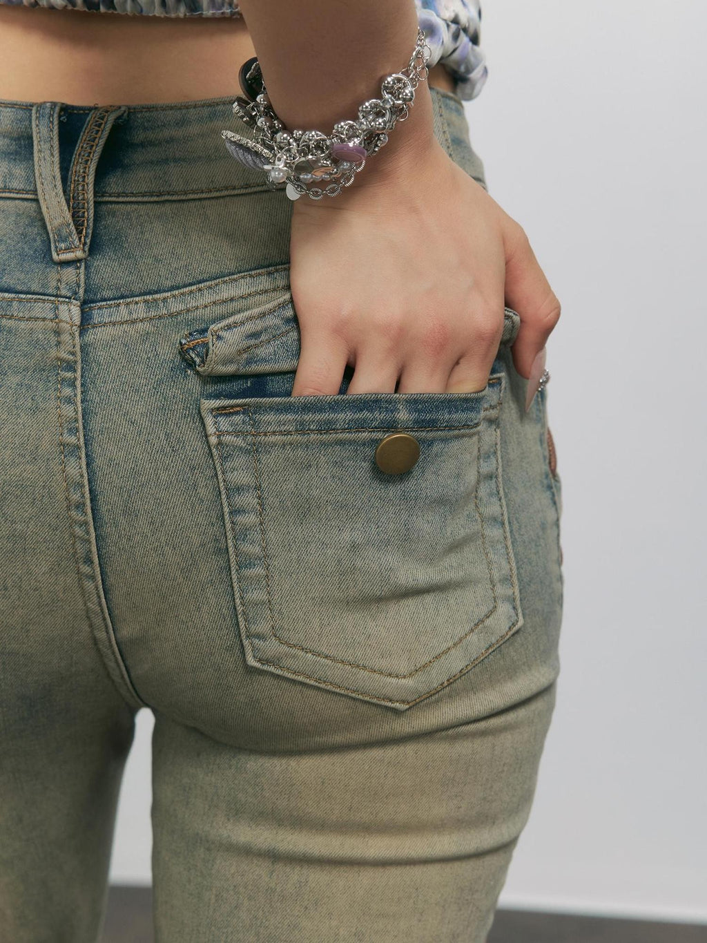 TOOOLAZY Ochre Vintage Washed Distressed Side Tie Women's Cotton Micro Bootcut Pants