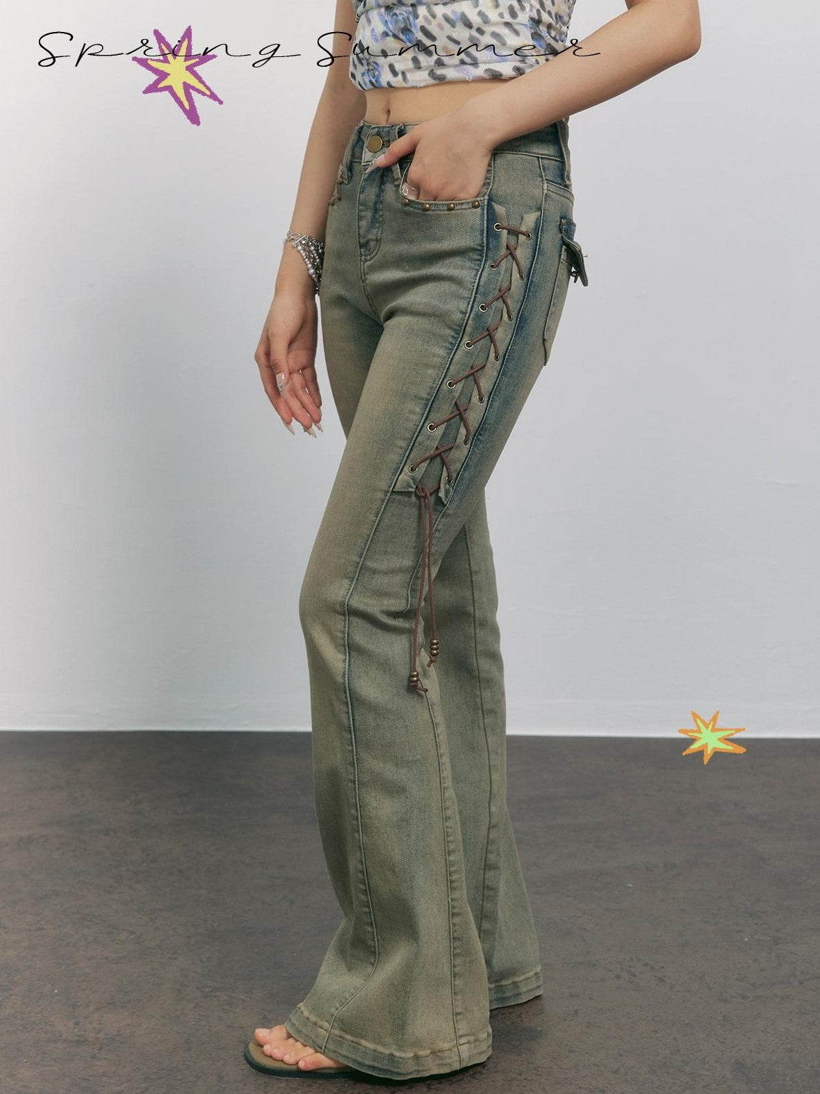 TOOOLAZY Ochre Vintage Washed Distressed Side Tie Women's Cotton Micro Bootcut Pants