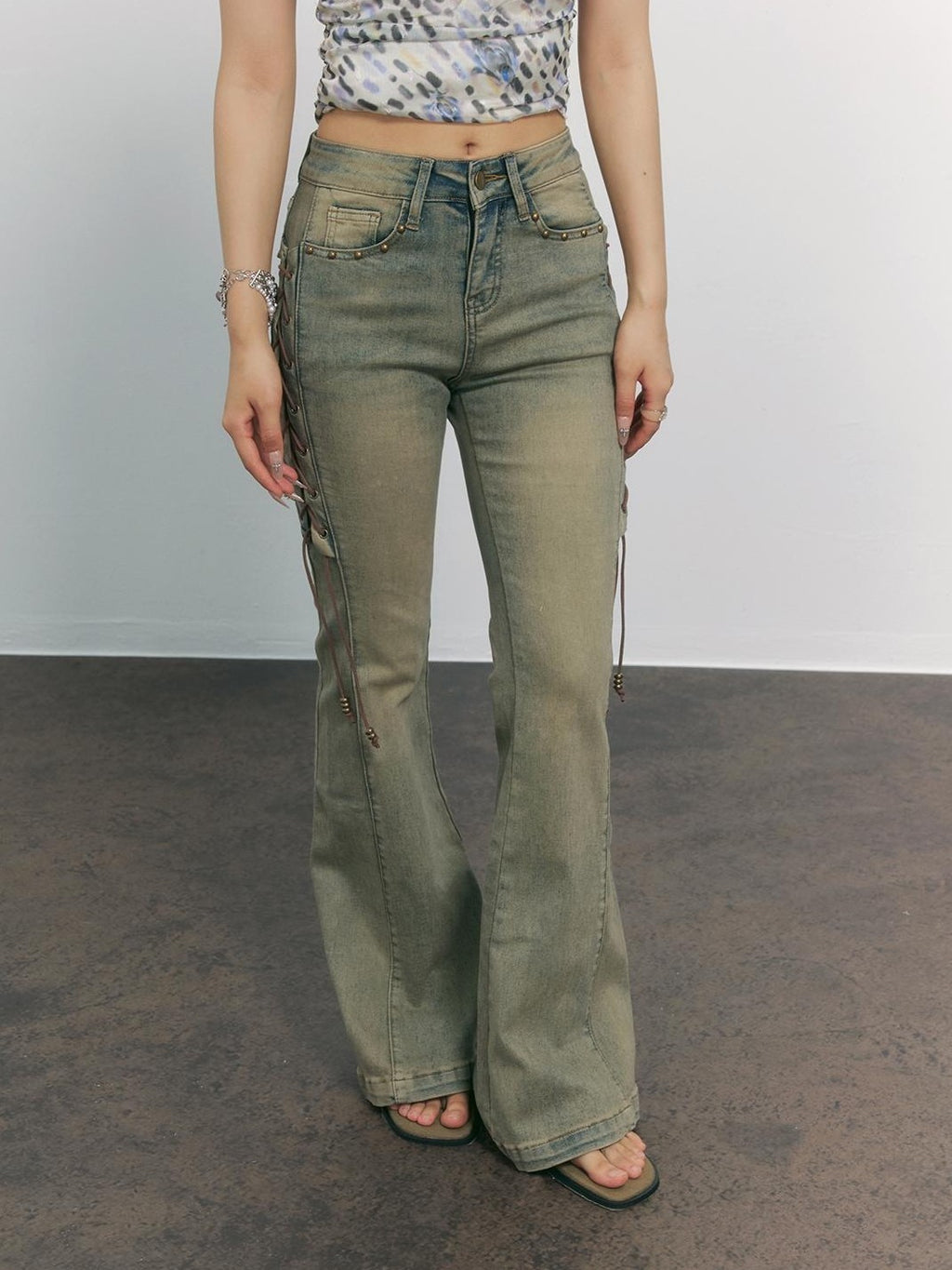 TOOOLAZY Ochre Vintage Washed Distressed Side Tie Women's Cotton Micro Bootcut Pants