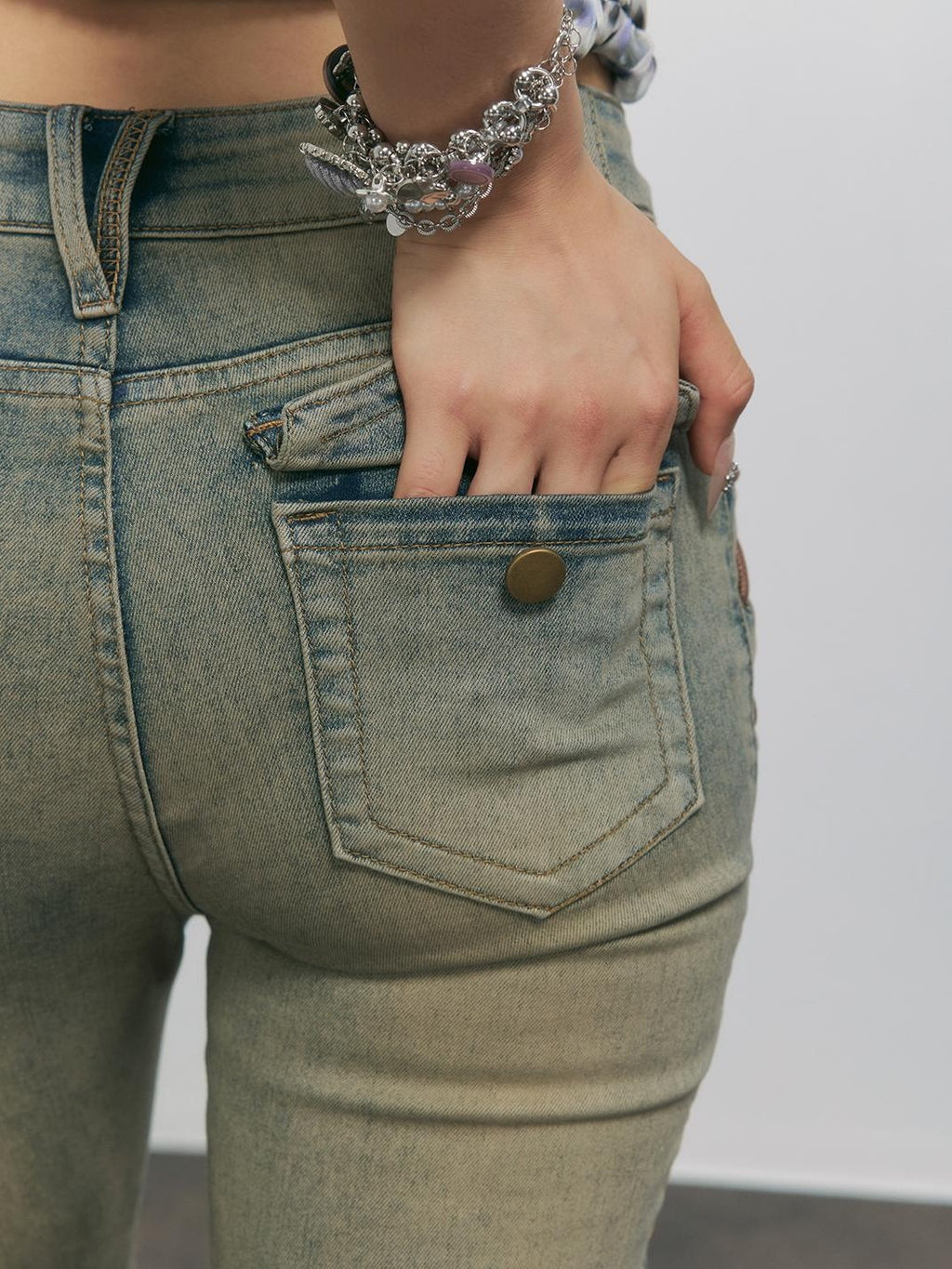 TOOOLAZY Ochre Vintage Washed Distressed Side Tie Women's Cotton Micro Bootcut Pants