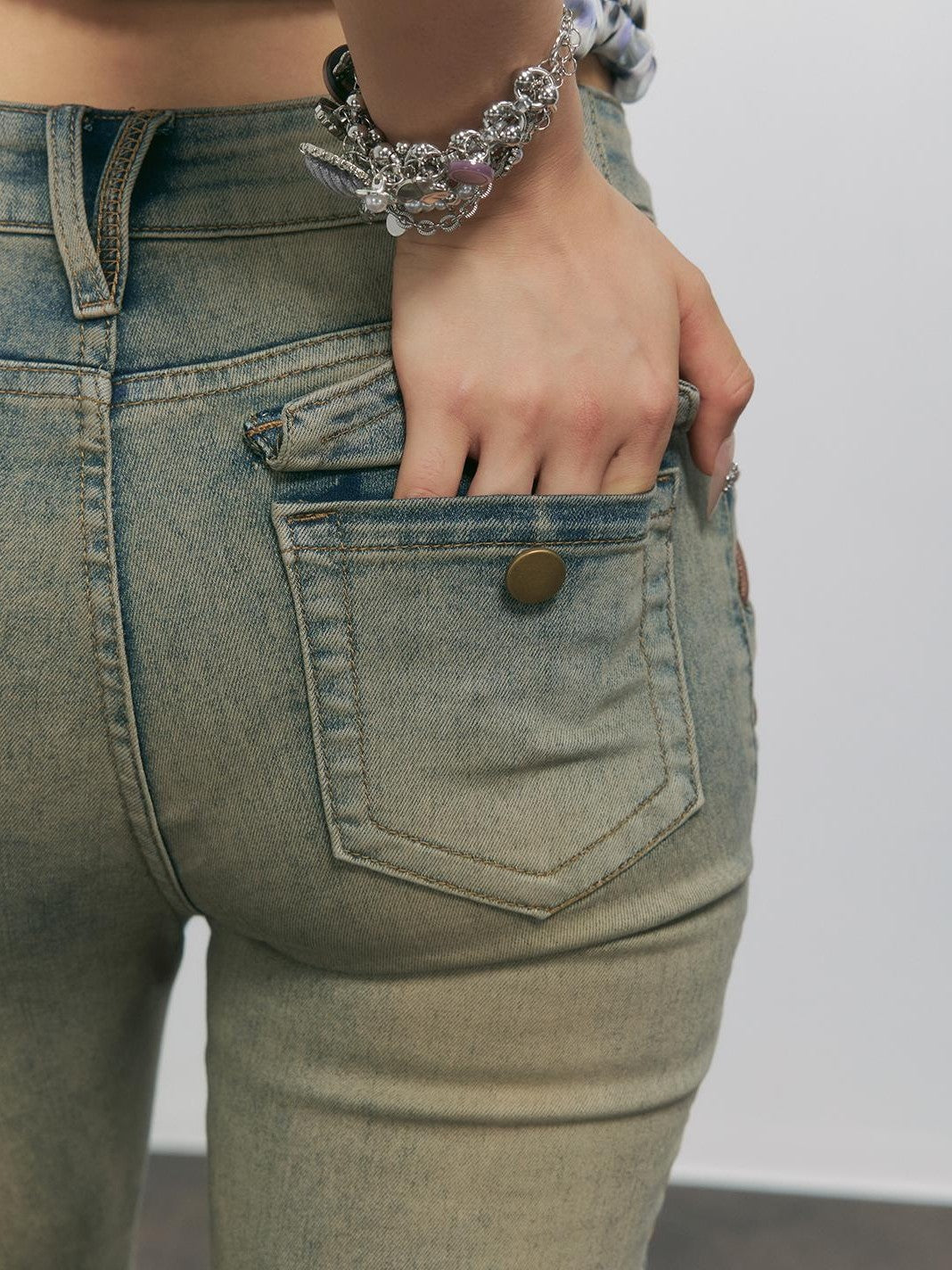 TOOOLAZY Ochre Vintage Washed Distressed Side Tie Women's Cotton Micro Bootcut Pants