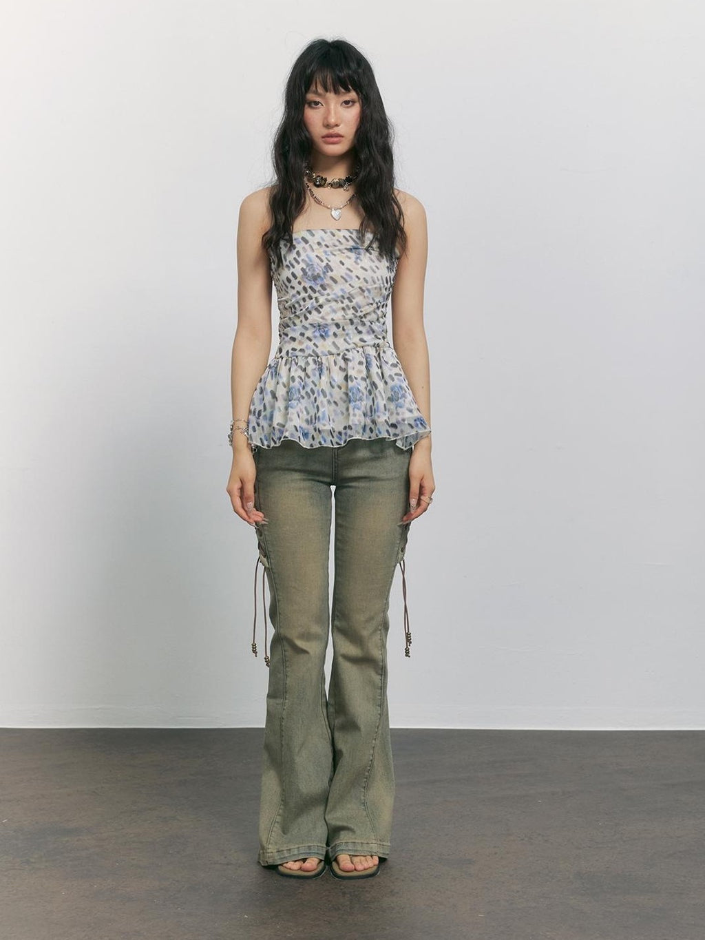 TOOOLAZY Ochre Vintage Washed Distressed Side Tie Women's Cotton Micro Bootcut Pants