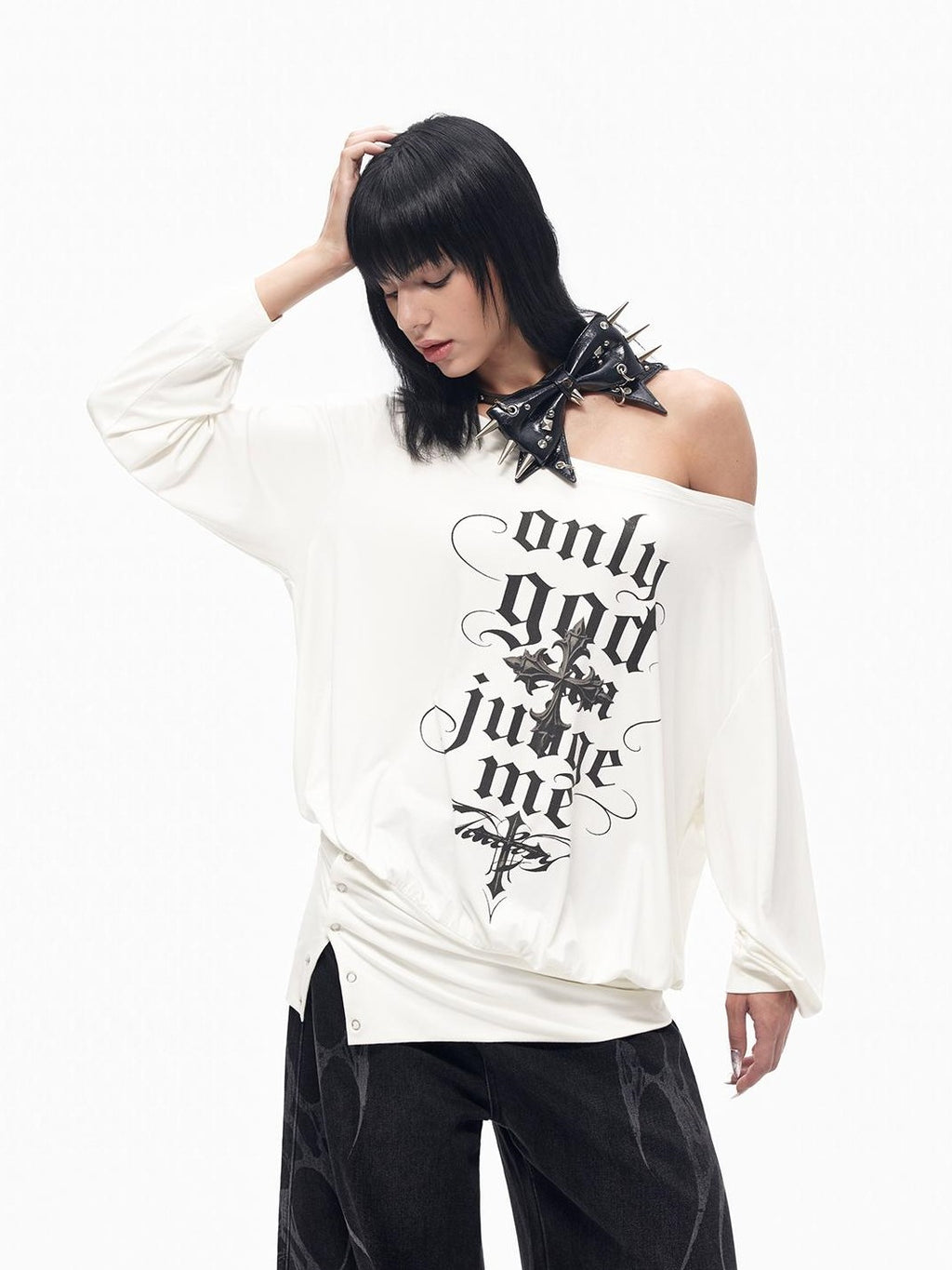 TOOOLAZY Off Shoulder Cross Letter Print Women's Polyester Blend Long Sleeve T-shirts