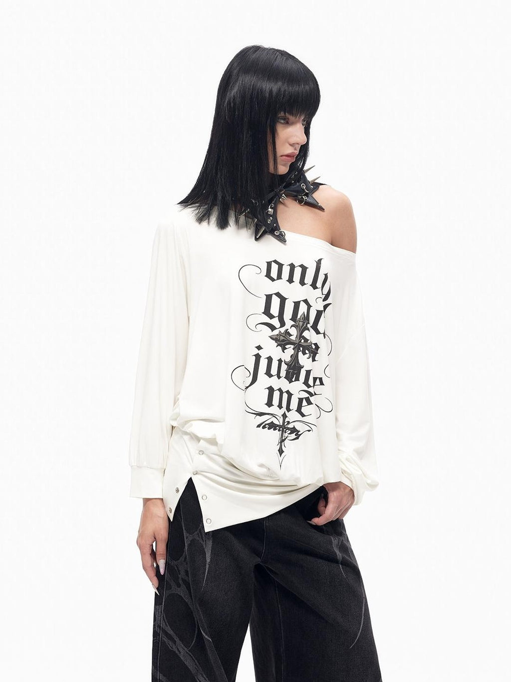 TOOOLAZY Off Shoulder Cross Letter Print Women's Polyester Blend Long Sleeve T-shirts