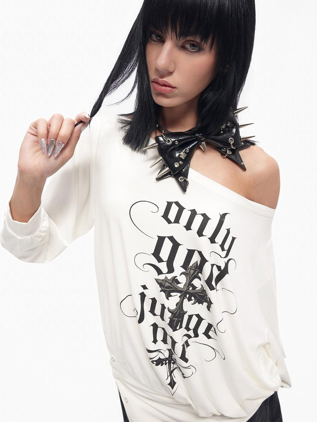 TOOOLAZY Off Shoulder Cross Letter Print Women's Polyester Blend Long Sleeve T-shirts