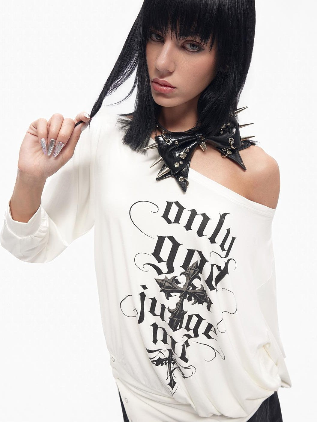 TOOOLAZY Off Shoulder Cross Letter Print Women's Polyester Blend Long Sleeve T-shirts