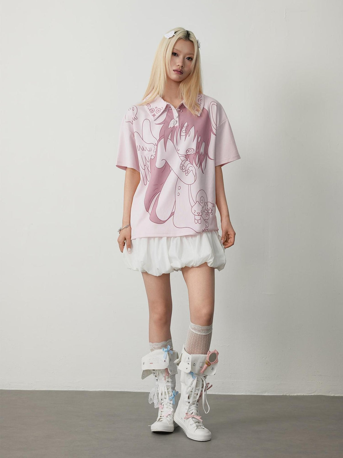 TOOOLAZY Pink Anime Print Polo Collar Women's Lycocell Blend Oversized T-shirts