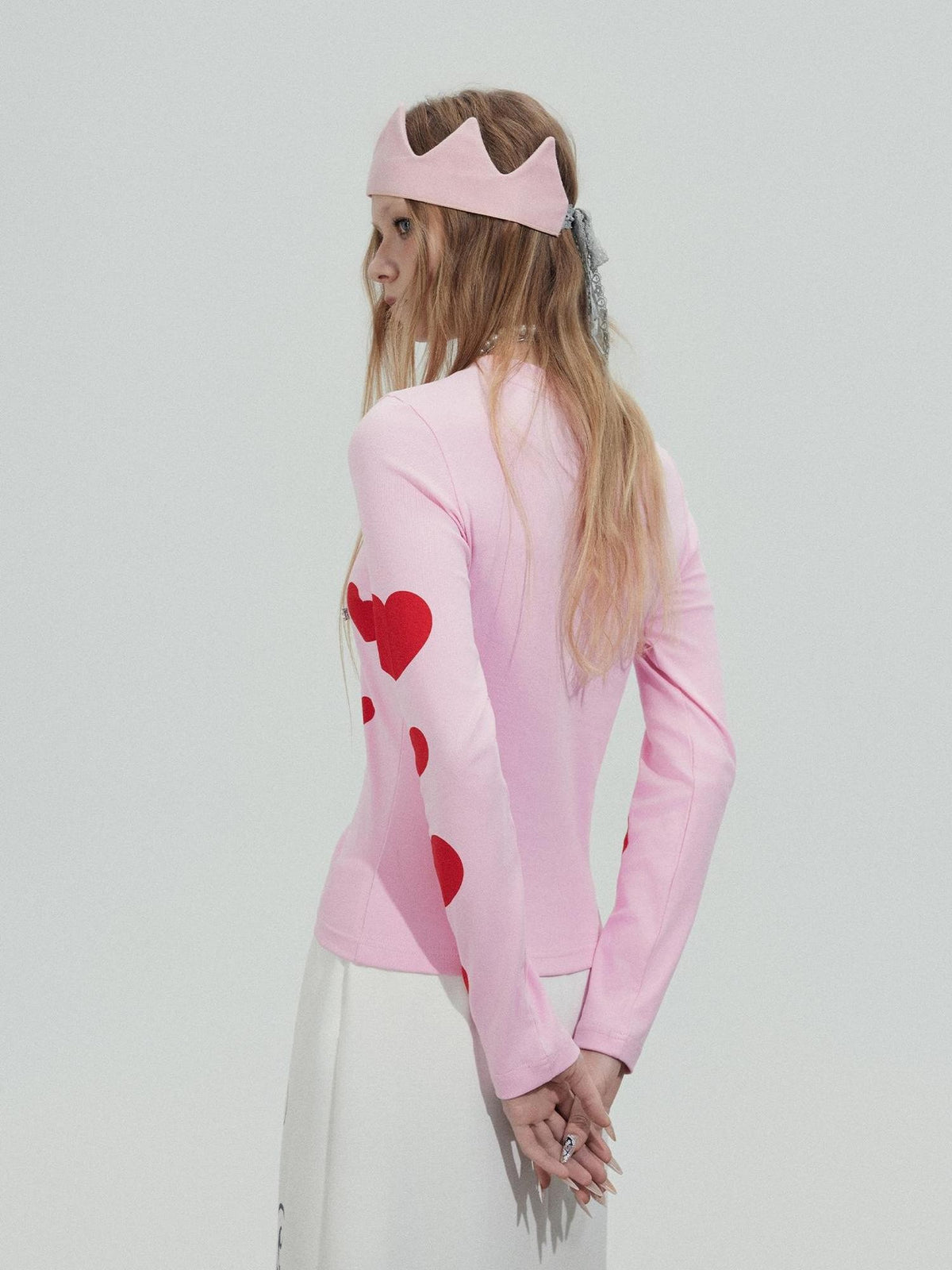 TOOOLAZY Pink Heart Print Crew Neck Women's Cotton Long Sleeve T-shirts