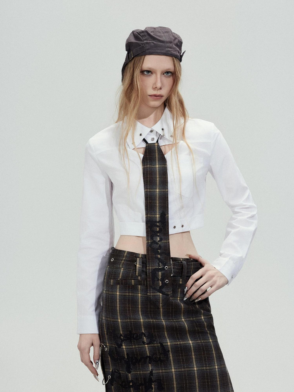 TOOOLAZY Plaid Tie Collar Slim Fit Women's Lyocell Cotton Blend Cropped Shirts