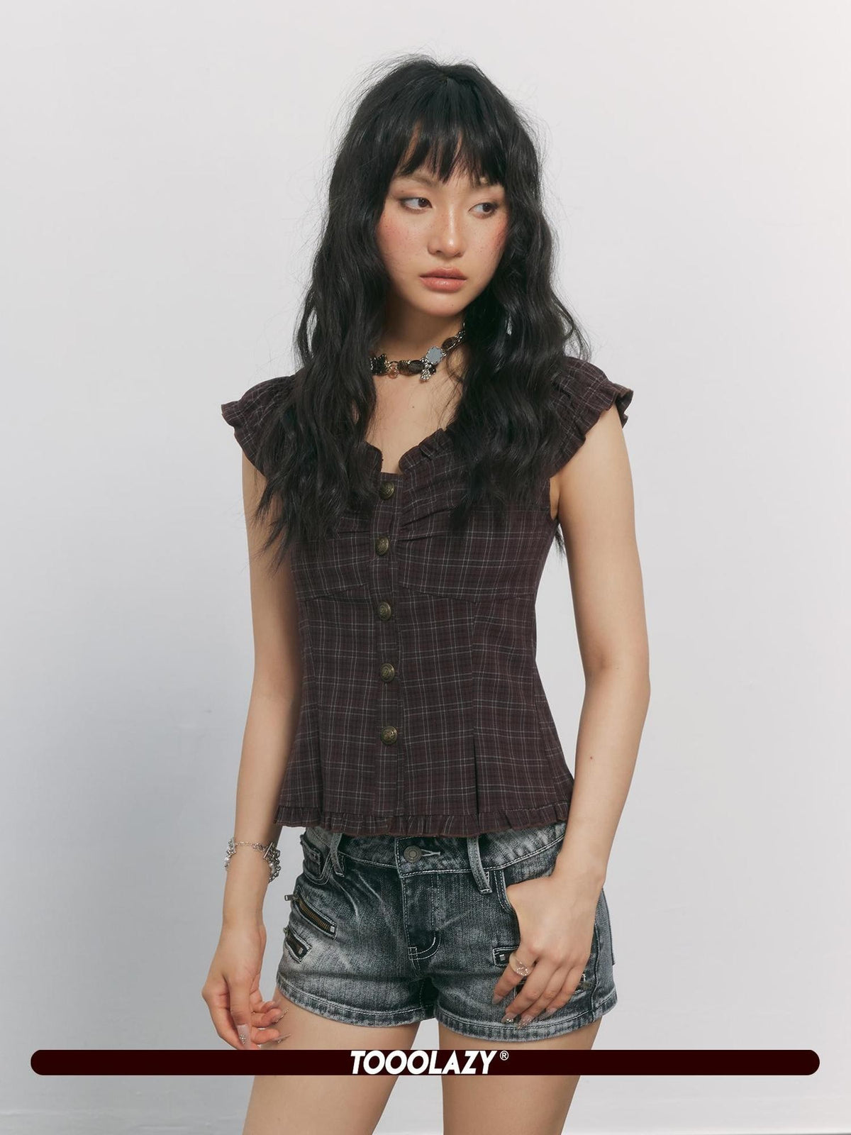 TOOOLAZY Plaid V-neck Flutter Sleeve Buttoned Cinched Waist Women's Polyester Blouses