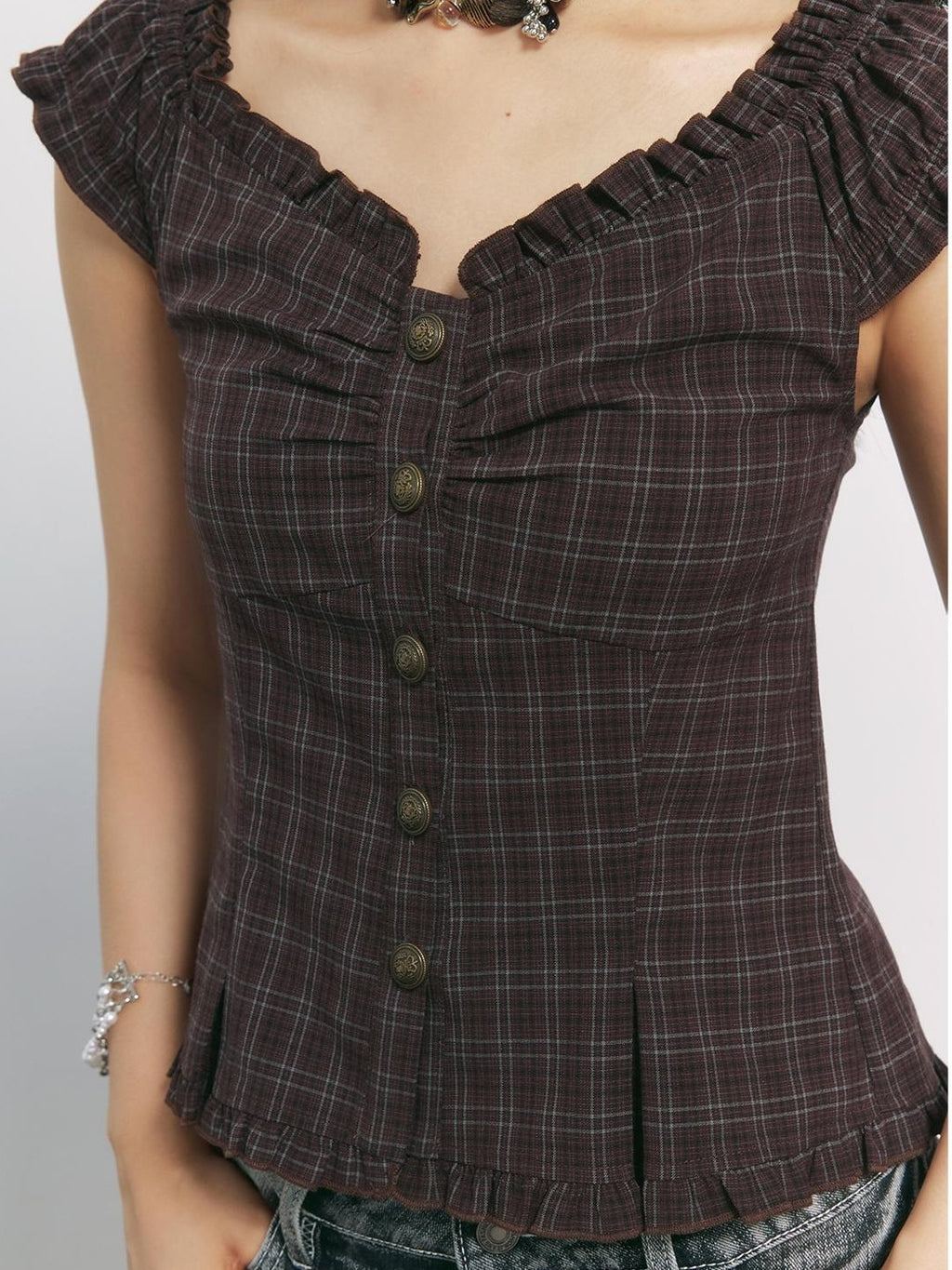 TOOOLAZY Plaid V-neck Flutter Sleeve Buttoned Cinched Waist Women's Polyester Blouses