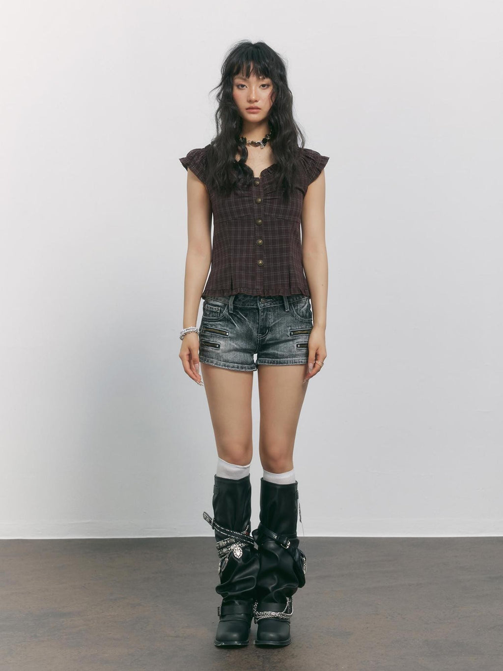 TOOOLAZY Plaid V-neck Flutter Sleeve Buttoned Cinched Waist Women's Polyester Blouses