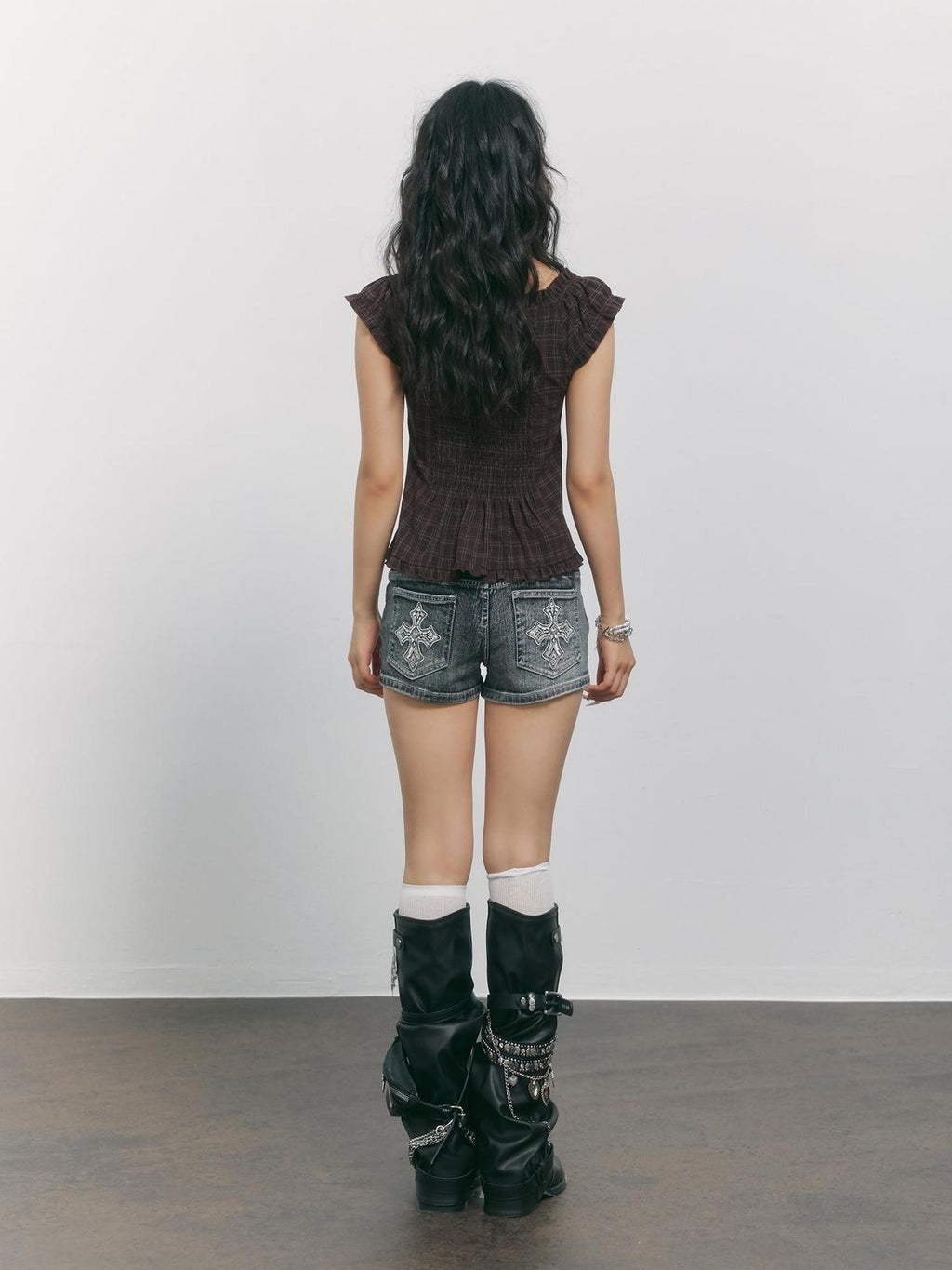 TOOOLAZY Plaid V-neck Flutter Sleeve Buttoned Cinched Waist Women's Polyester Blouses