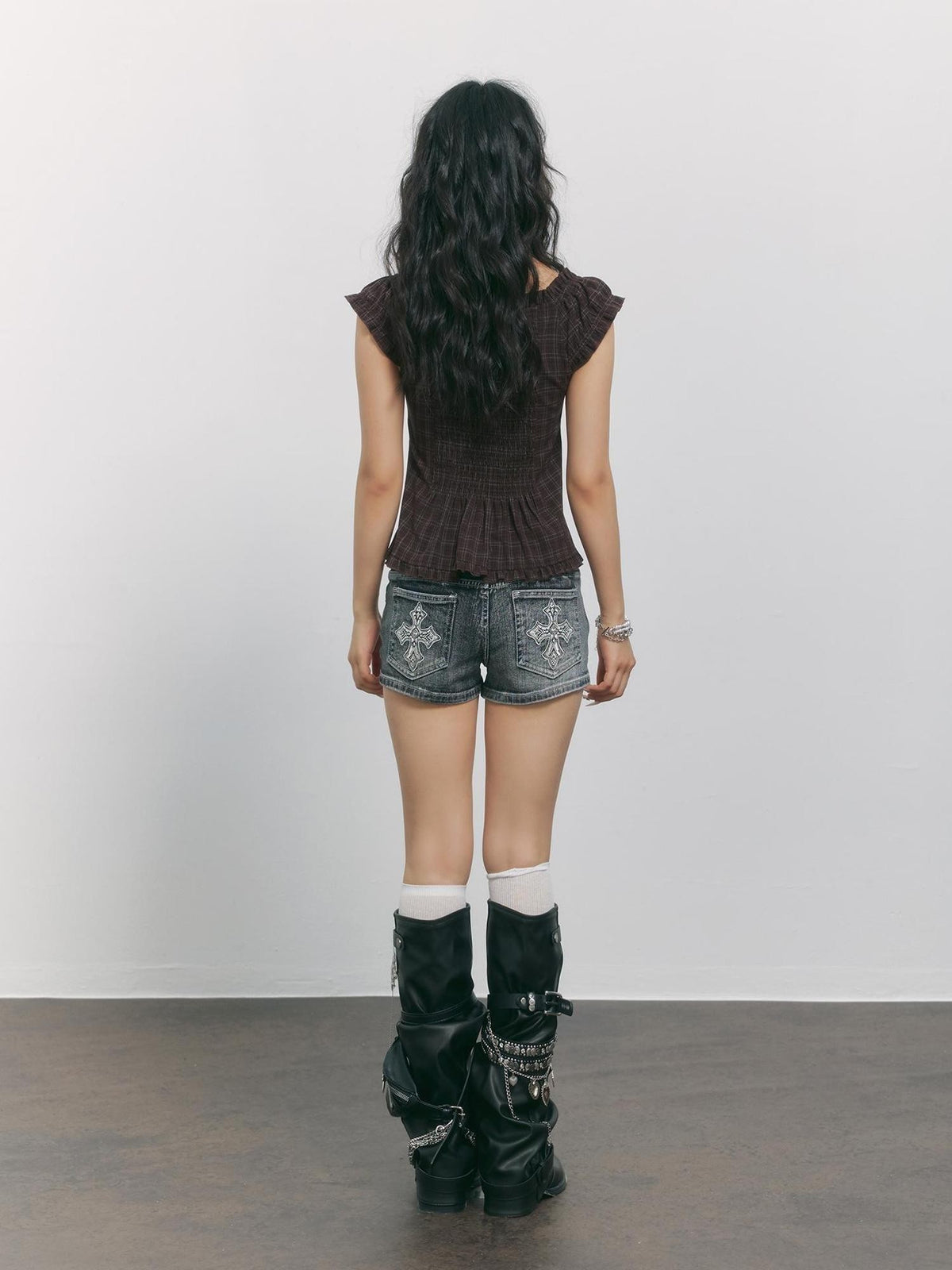 TOOOLAZY Plaid V-neck Flutter Sleeve Buttoned Cinched Waist Women's Polyester Blouses