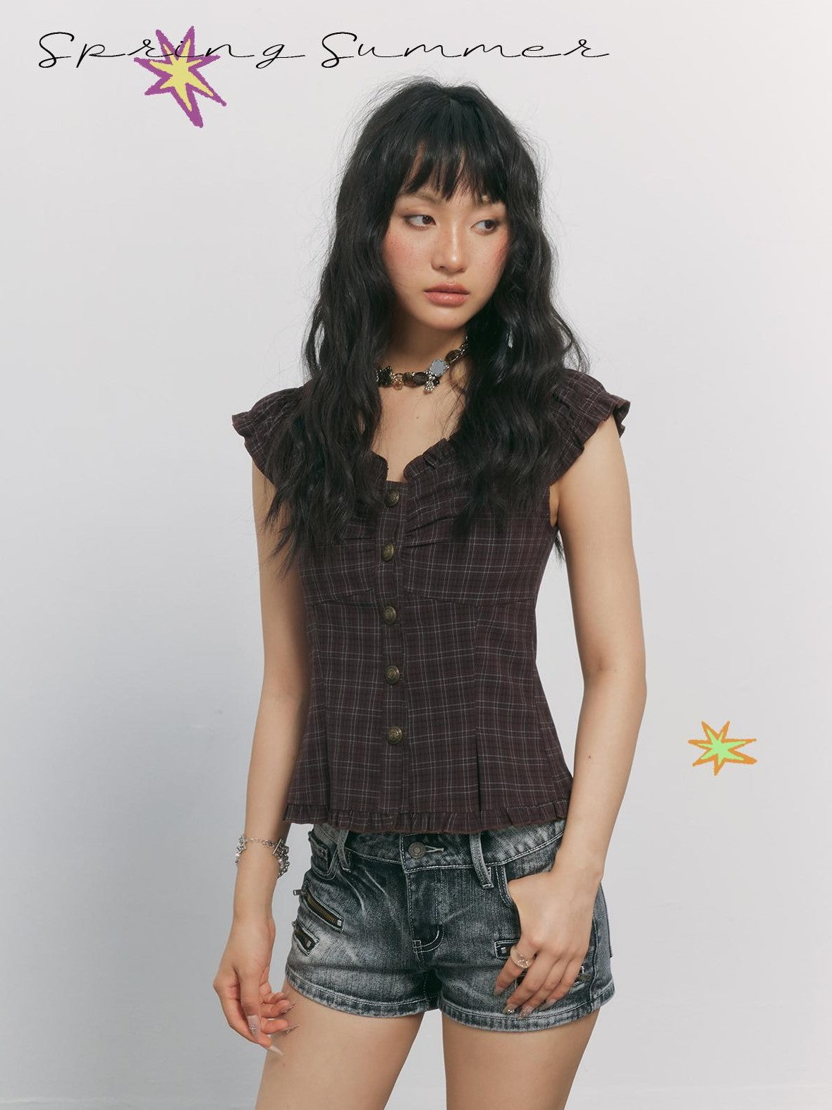 TOOOLAZY Plaid V-neck Flutter Sleeve Buttoned Cinched Waist Women's Polyester Blouses