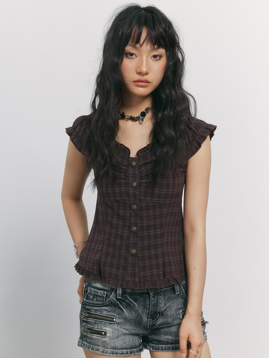 TOOOLAZY Plaid V-neck Flutter Sleeve Buttoned Cinched Waist Women's Polyester Blouses
