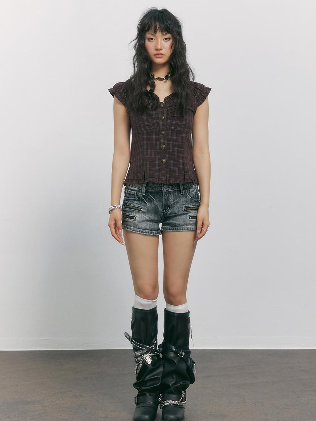 TOOOLAZY Plaid V-neck Flutter Sleeve Buttoned Cinched Waist Women's Polyester Blouses
