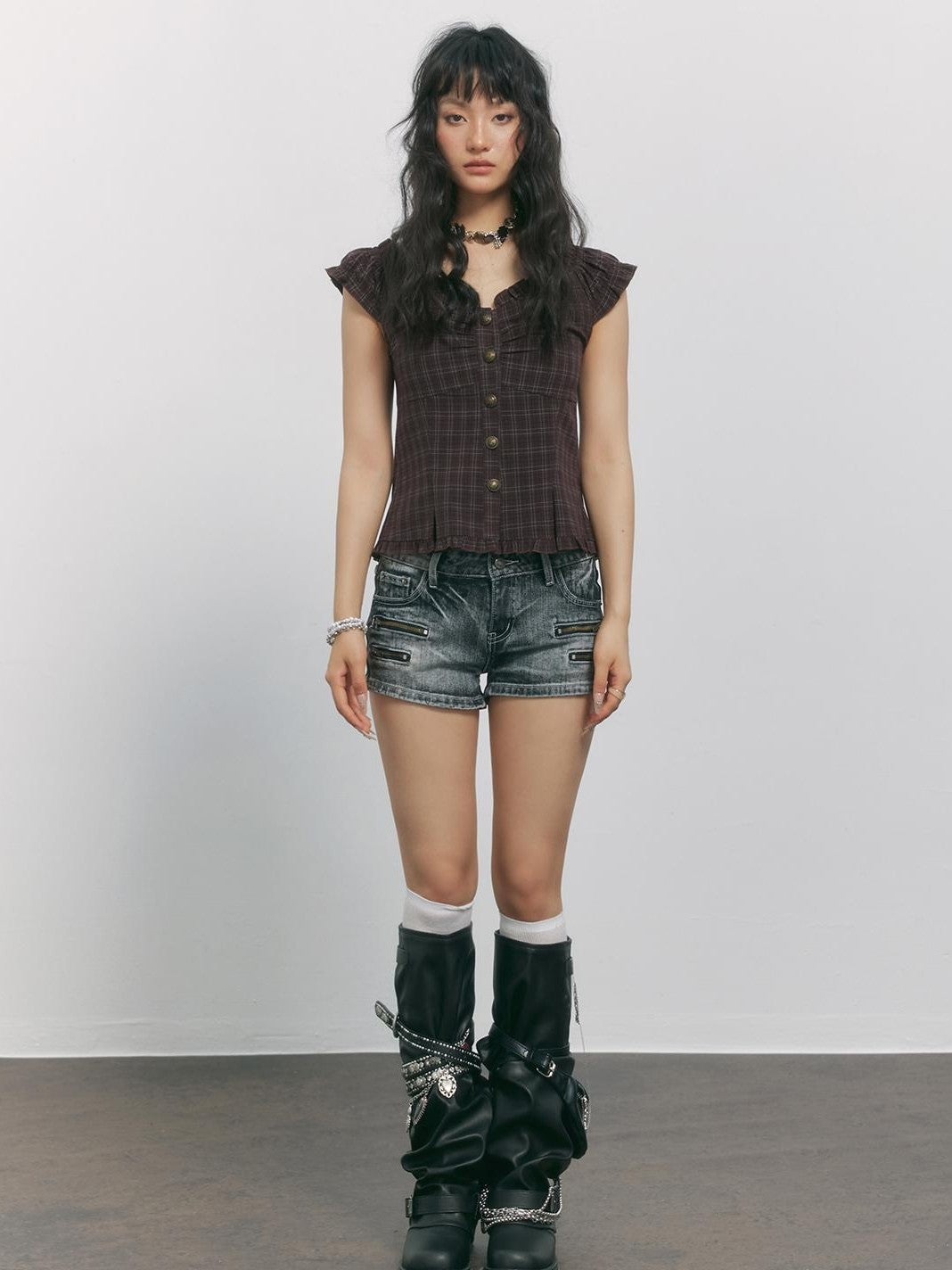 TOOOLAZY Plaid V-neck Flutter Sleeve Buttoned Cinched Waist Women's Polyester Blouses