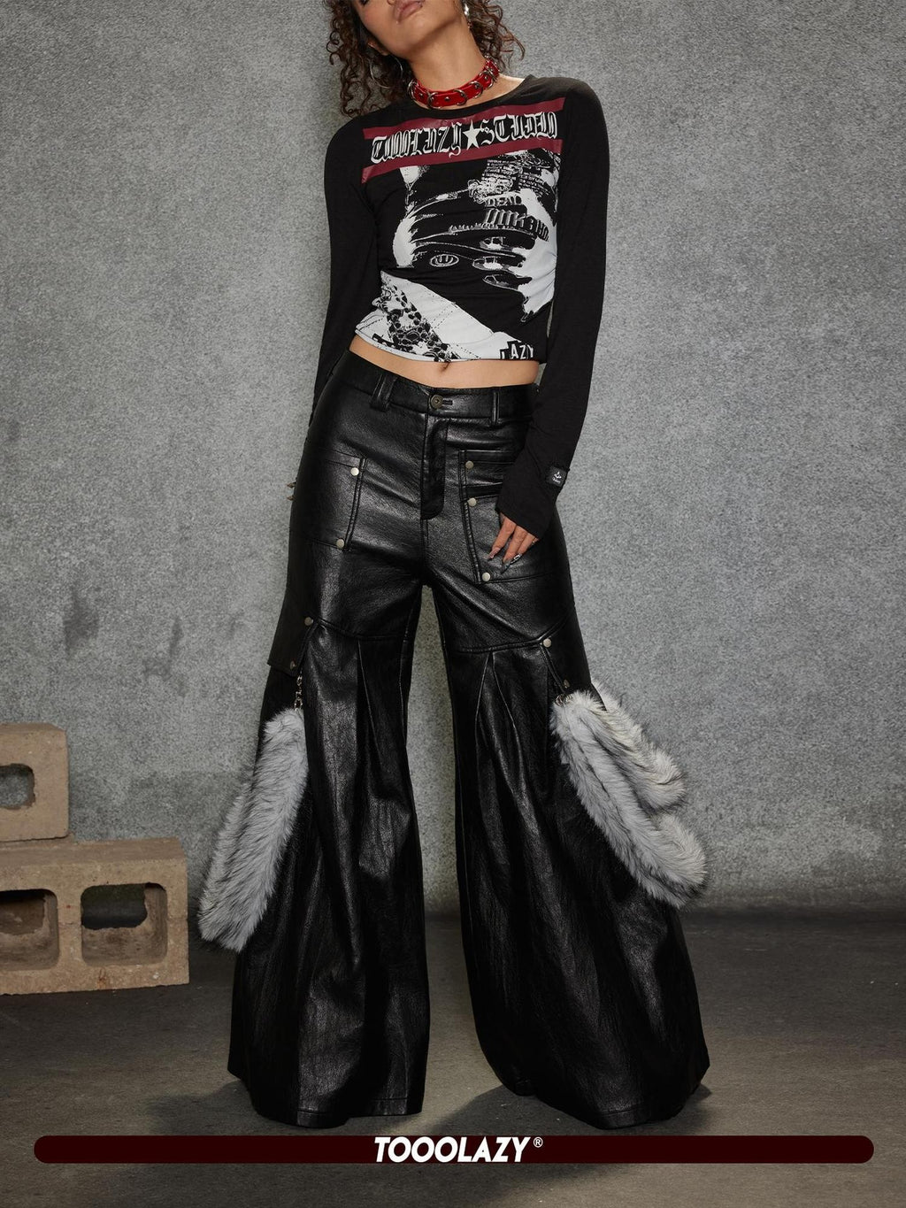 TOOOLAZY Plush Panel Stripe Trim Women's Pu Coated Soft Grain Leather Pants