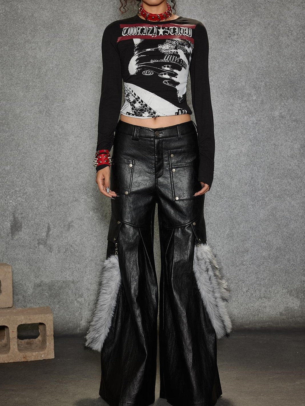TOOOLAZY Plush Panel Stripe Trim Women's Pu Coated Soft Grain Leather Pants