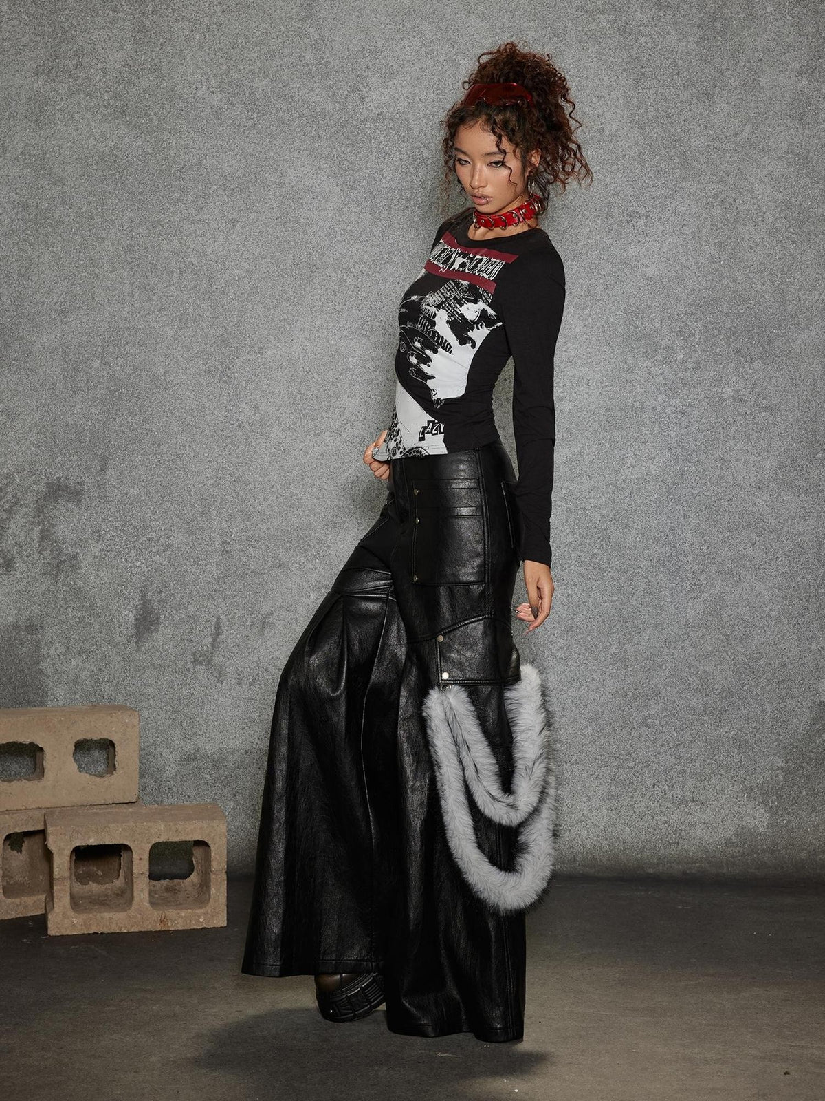 TOOOLAZY Plush Panel Stripe Trim Women's Pu Coated Soft Grain Leather Pants