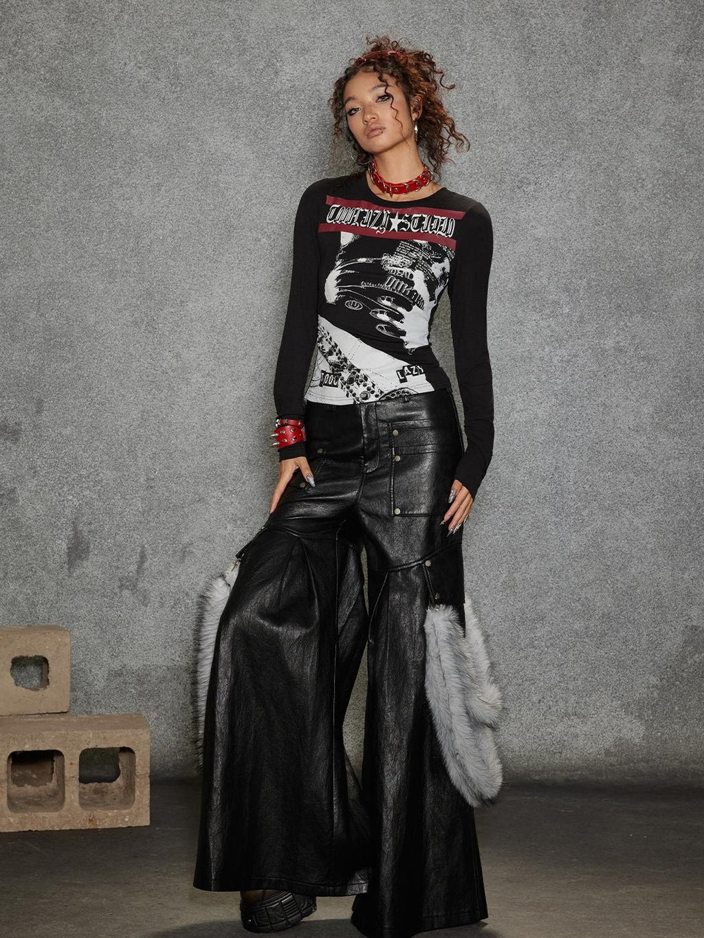TOOOLAZY Plush Panel Stripe Trim Women's Pu Coated Soft Grain Leather Pants