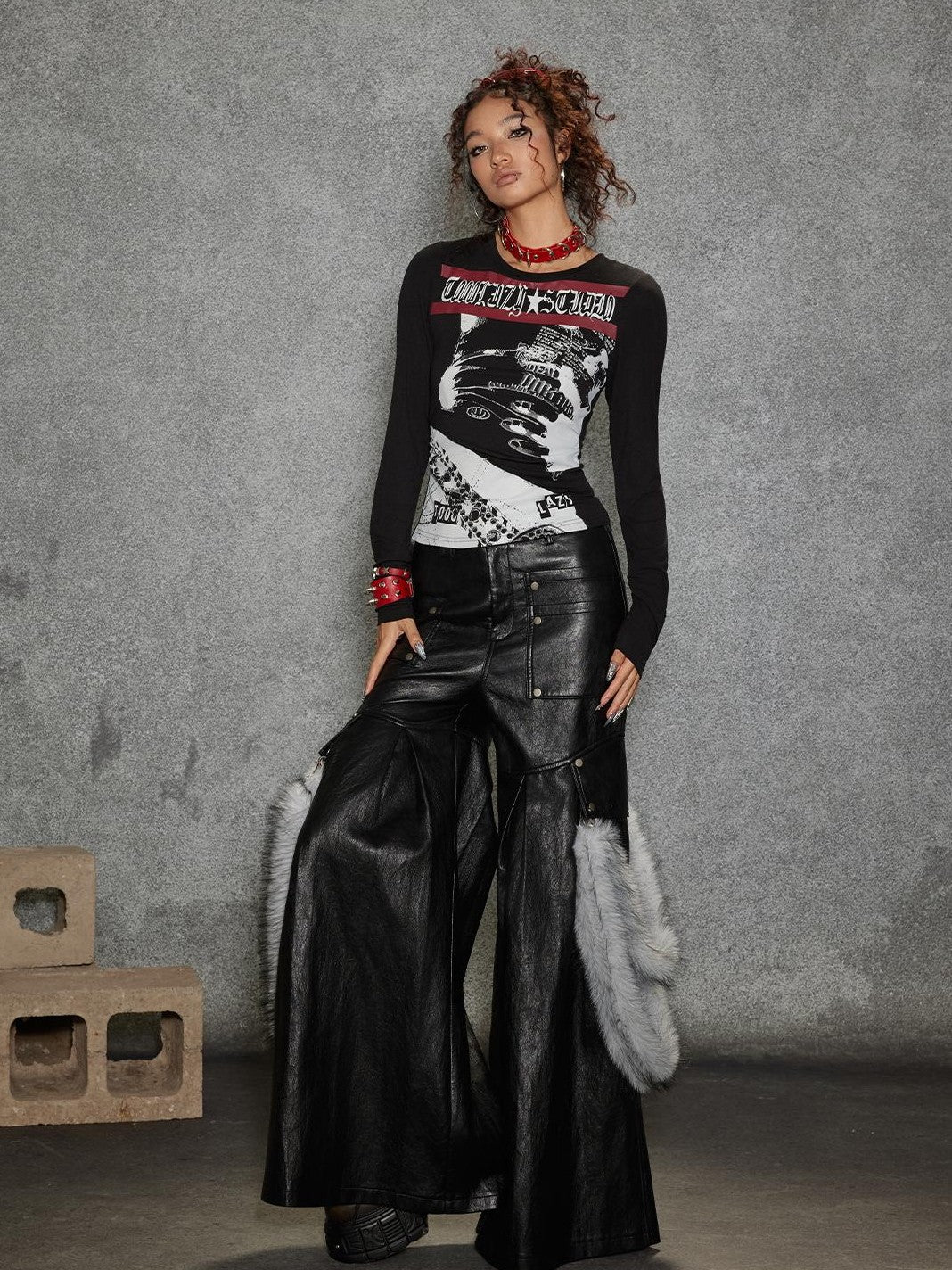 TOOOLAZY Plush Panel Stripe Trim Women's Pu Coated Soft Grain Leather Pants