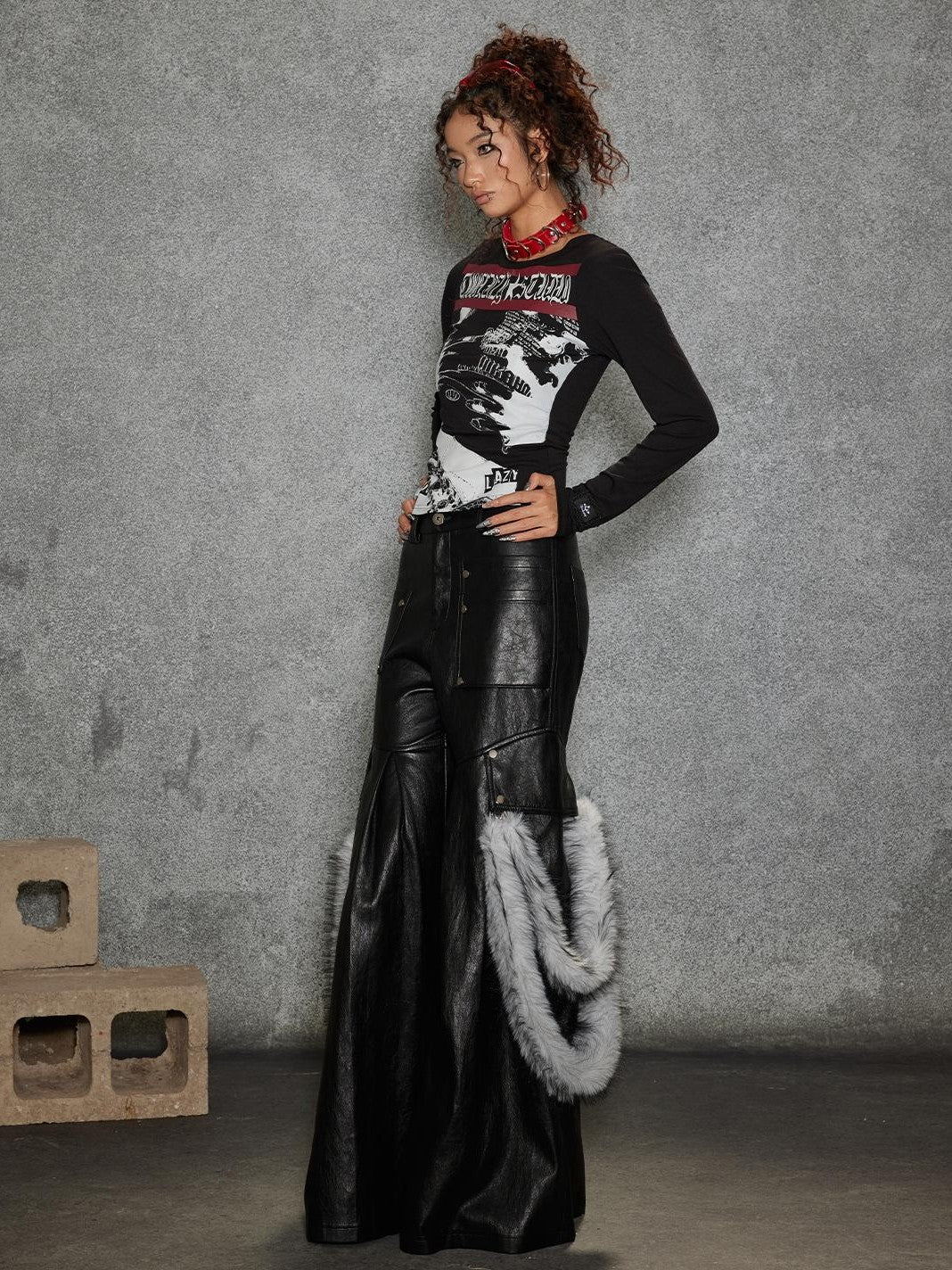 TOOOLAZY Plush Panel Stripe Trim Women's Pu Coated Soft Grain Leather Pants
