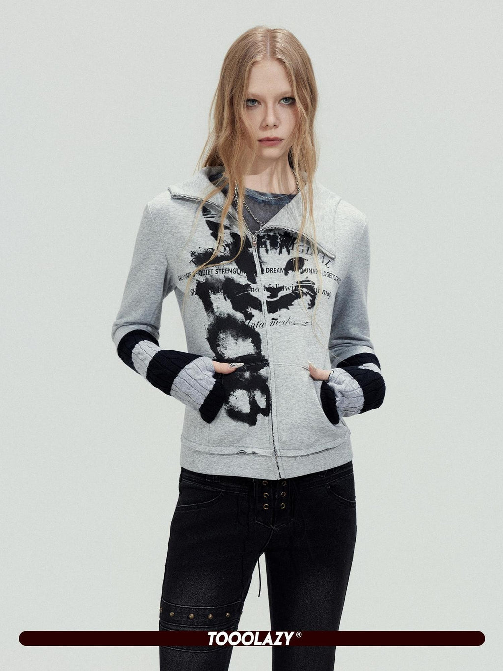 TOOOLAZY Printed Patchwork Ribbed Sleeves Hooded Zip Slim Women's Cotton Cropped Jackets