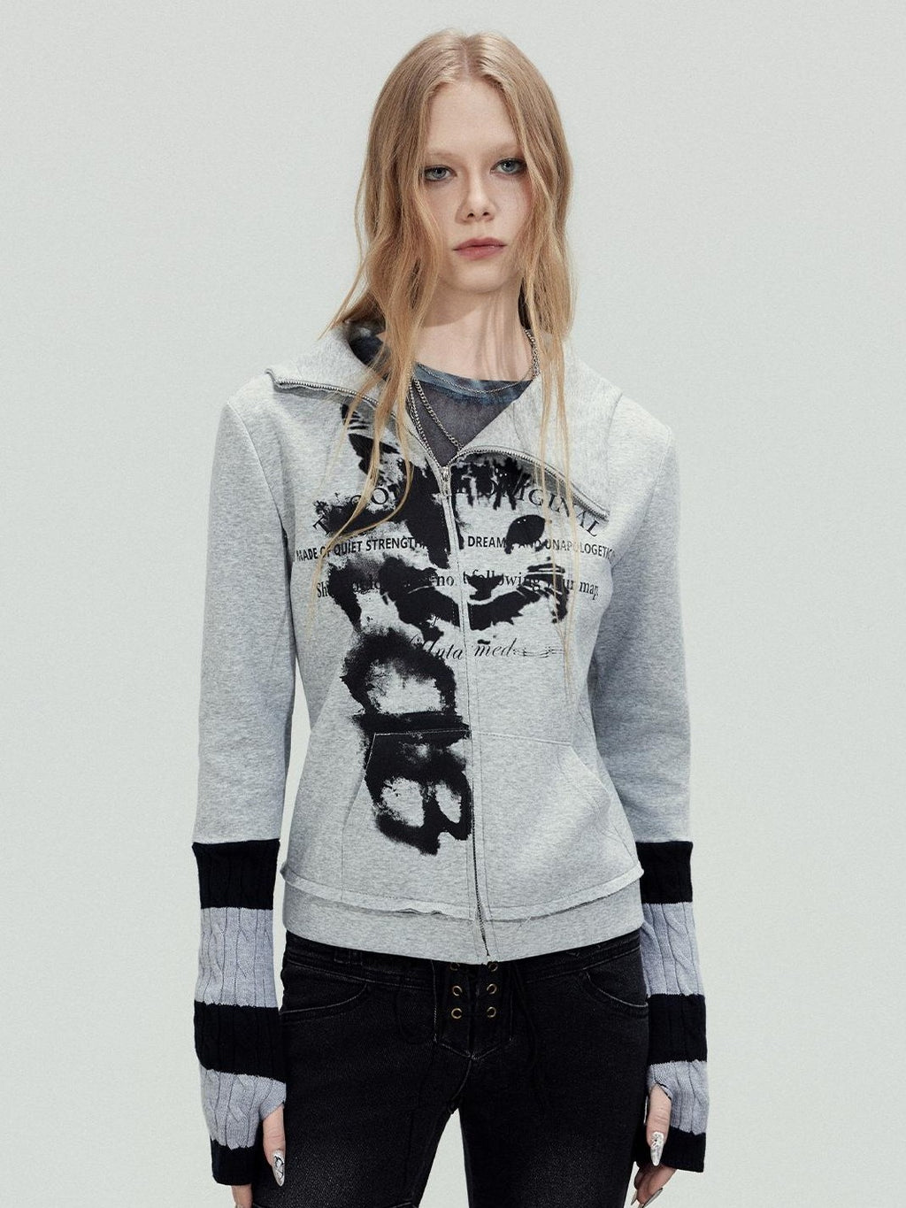 TOOOLAZY Printed Patchwork Ribbed Sleeves Hooded Zip Slim Women's Cotton Cropped Jackets