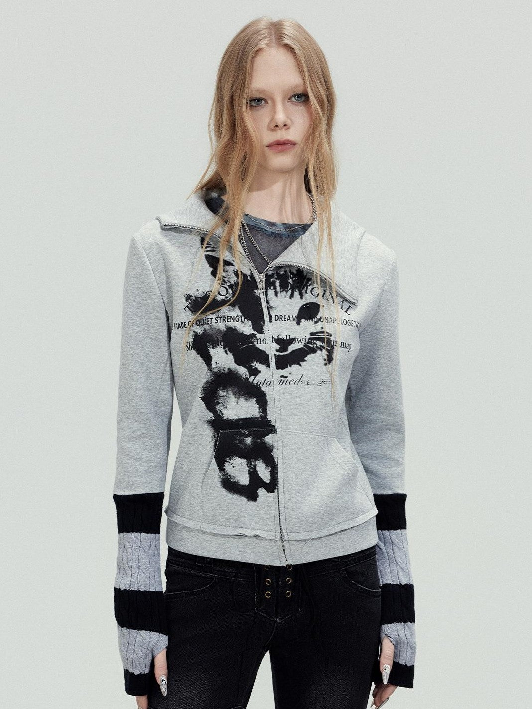 TOOOLAZY Printed Patchwork Ribbed Sleeves Hooded Zip Slim Women's Cotton Cropped Jackets