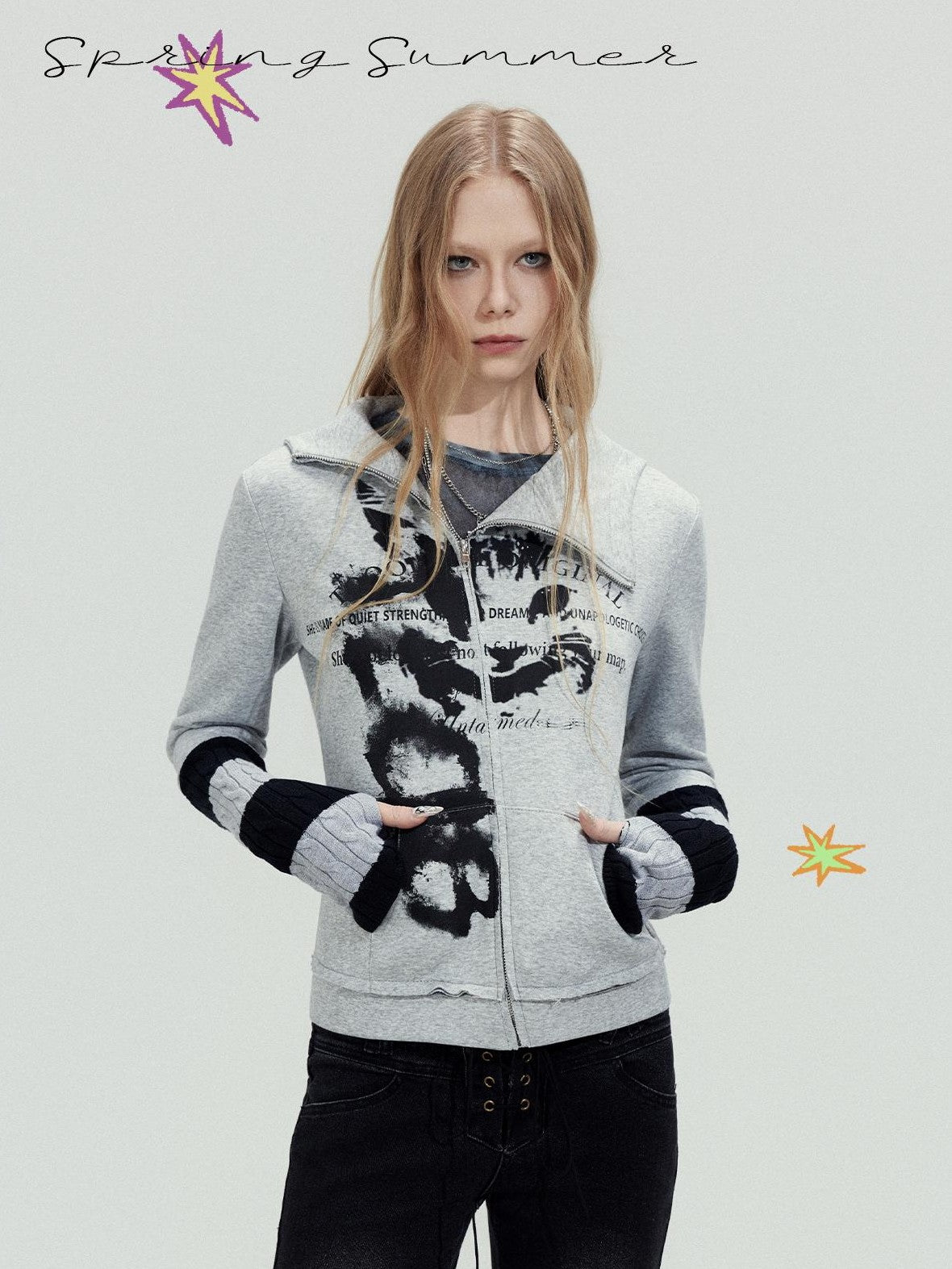 TOOOLAZY Printed Patchwork Ribbed Sleeves Hooded Zip Slim Women's Cotton Cropped Jackets