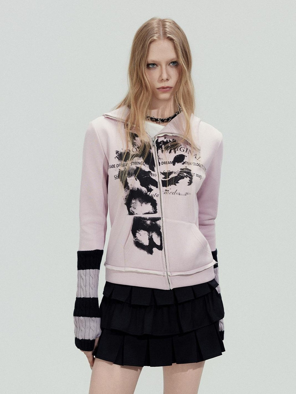 TOOOLAZY Printed Patchwork Ribbed Sleeves Hooded Zip Slim Women's Cotton Cropped Jackets