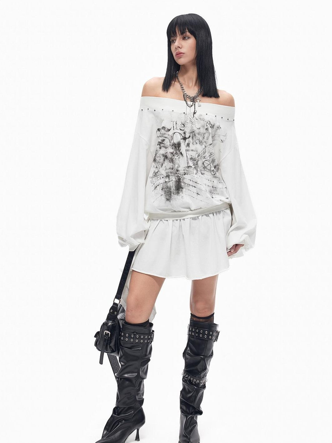 TOOOLAZY Punk Beaded Vintage Print Off Shoulder Loose Women's Long Sleeve T-shirts