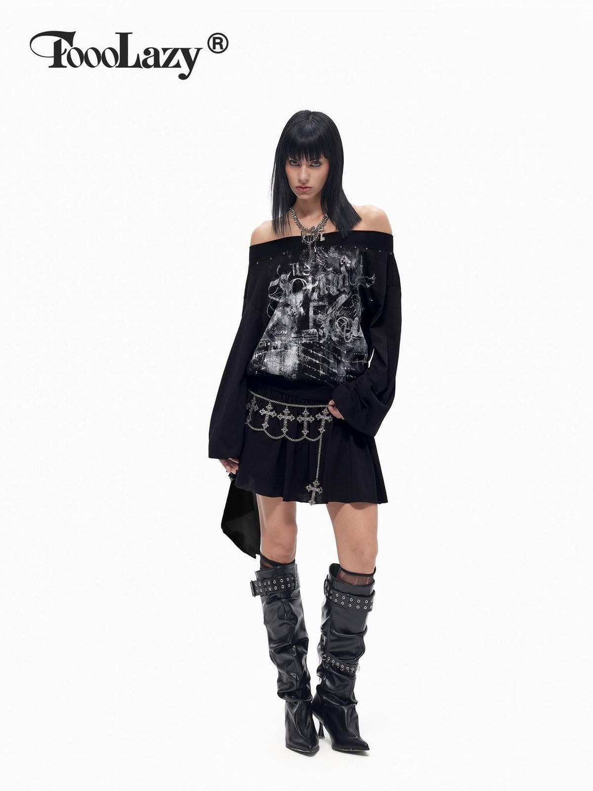 TOOOLAZY Punk Beaded Vintage Print Off Shoulder Loose Women's Long Sleeve T-shirts