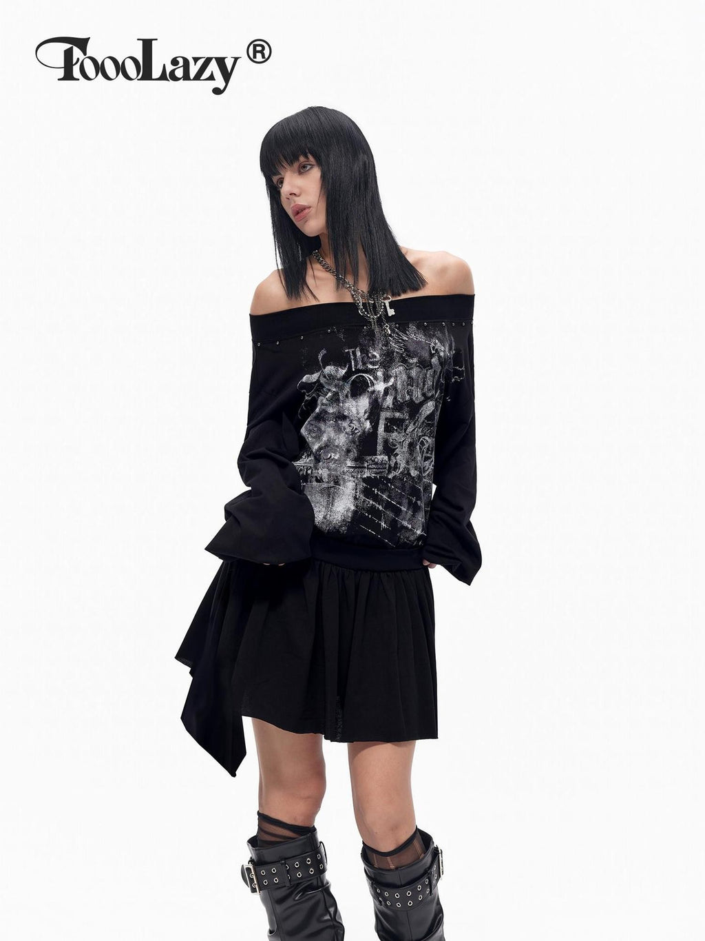 TOOOLAZY Punk Beaded Vintage Print Off Shoulder Loose Women's Long Sleeve T-shirts