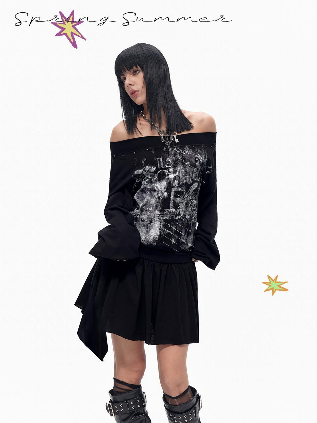 TOOOLAZY Punk Beaded Vintage Print Off Shoulder Loose Women's Long Sleeve T-shirts